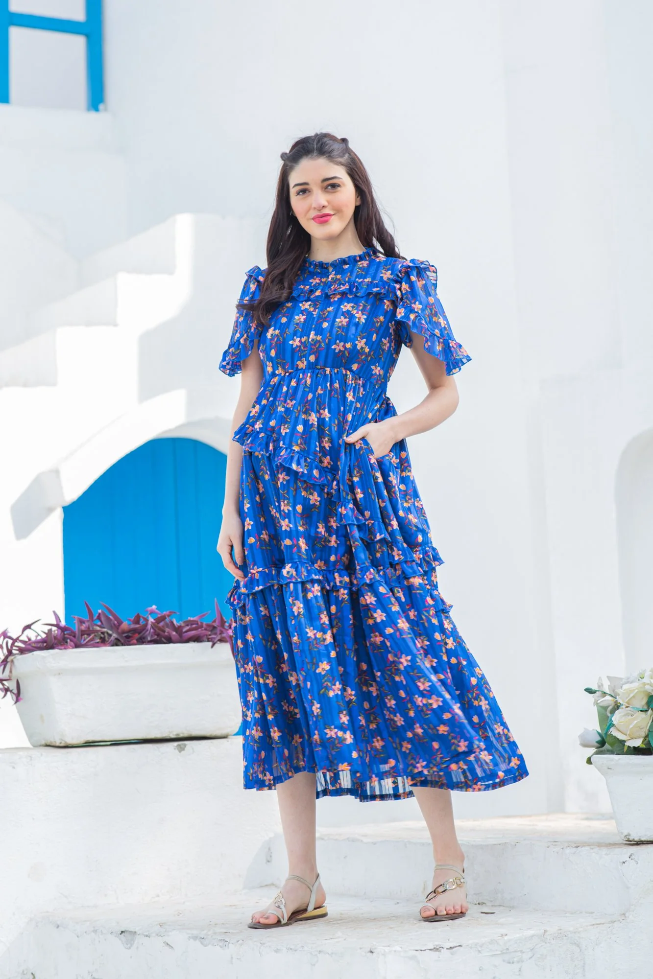 Royal Blue Mist Maternity & Nursing Frill Dress - Chenance
