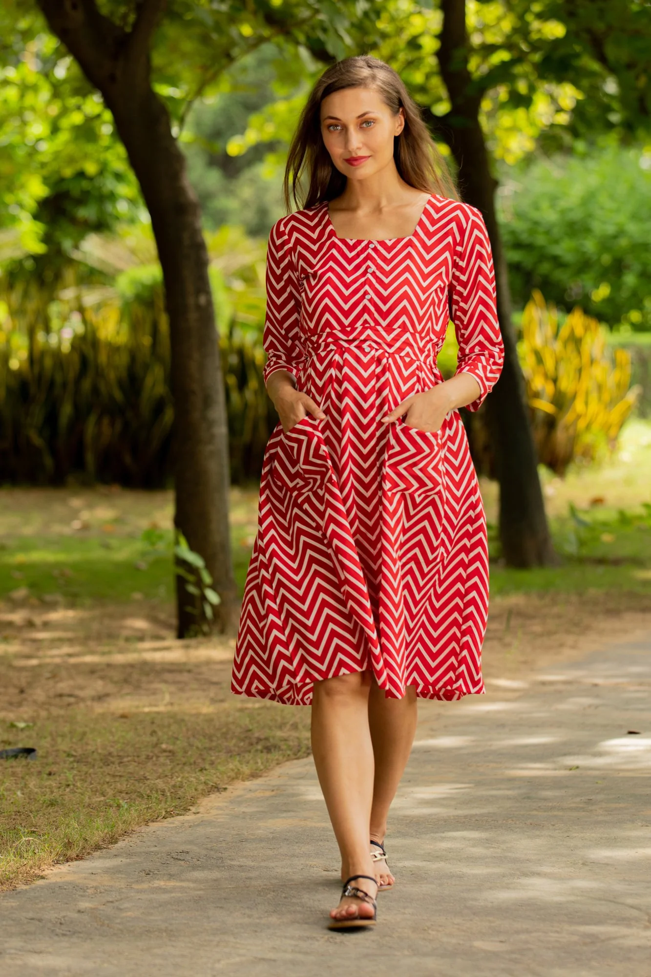 Red Zig Zag Pocket Maternity & Nursing Dress - Chenance
