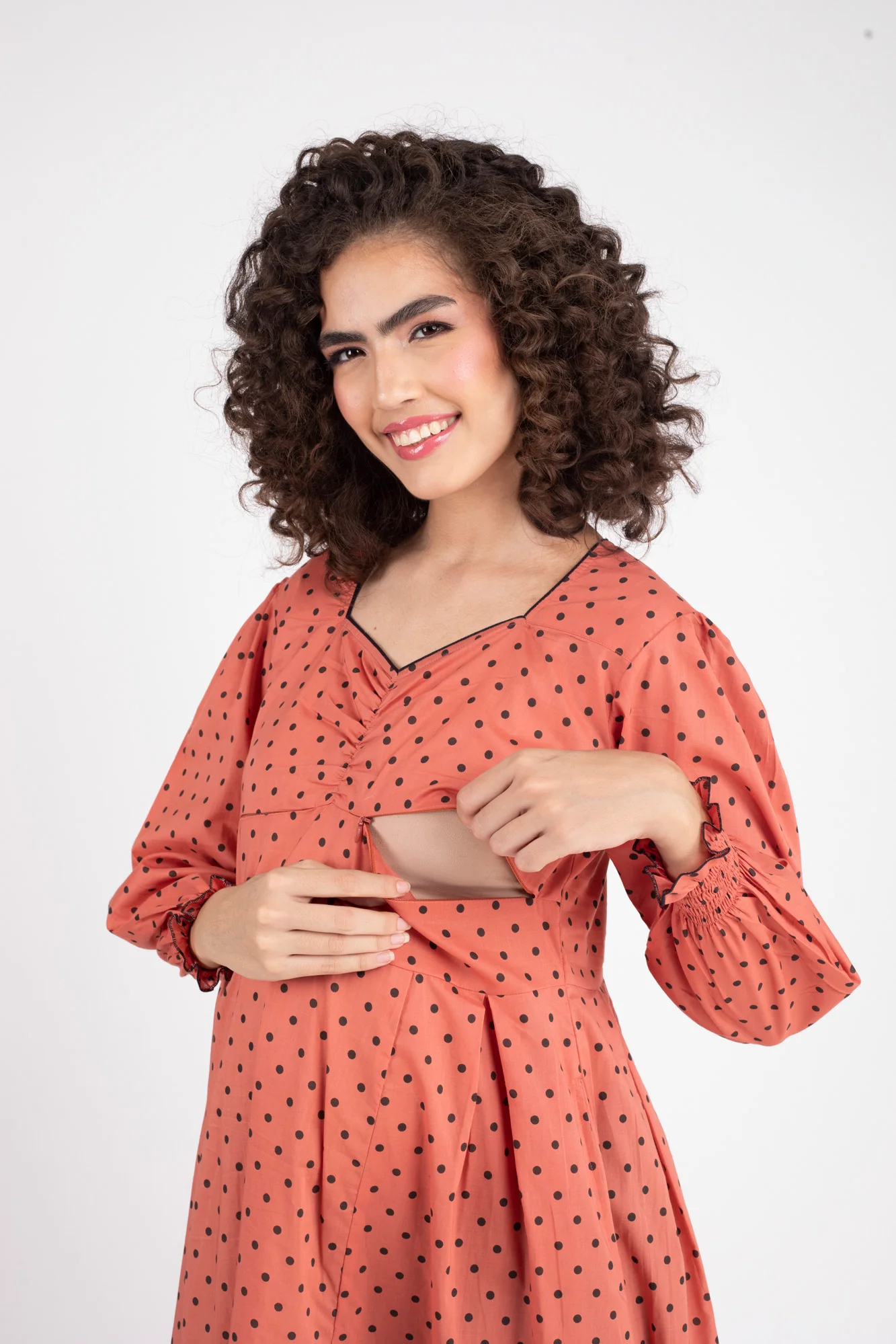 Rouge Polka Maternity & Nursing Dress (100% Cotton) - Chenance