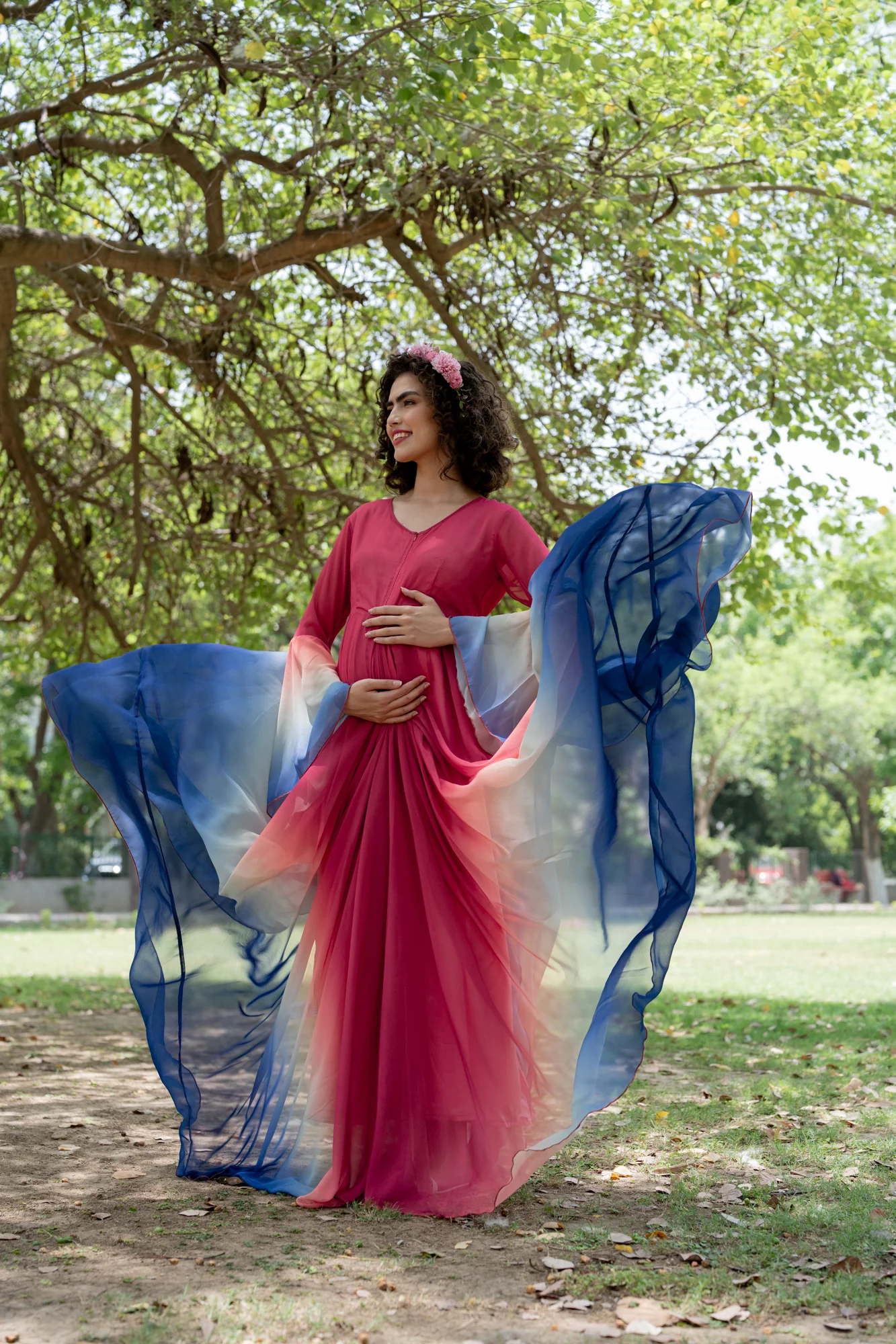 Luxe Pleasing Raspberry Blue Maternity & Nursing Flair Photoshoot Gown - Chenance