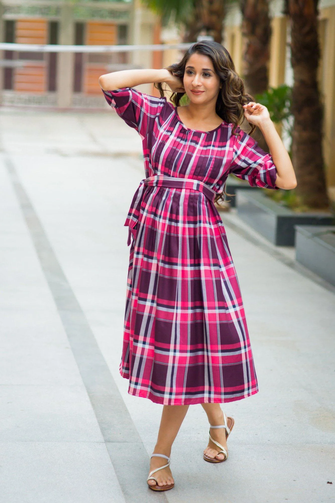 Raspberry Plaid Pintucks Maternity & Nursing Dress - Chenance