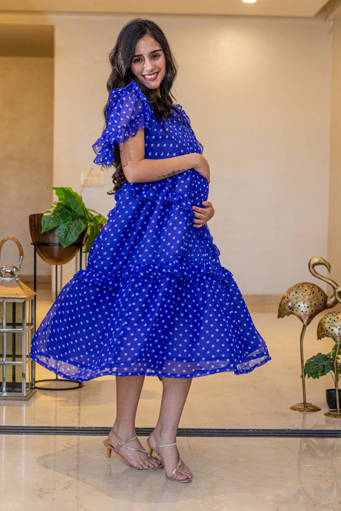 Breezy Cobalt Blue Polka Maternity & Nursing Frill Dress - Chenance