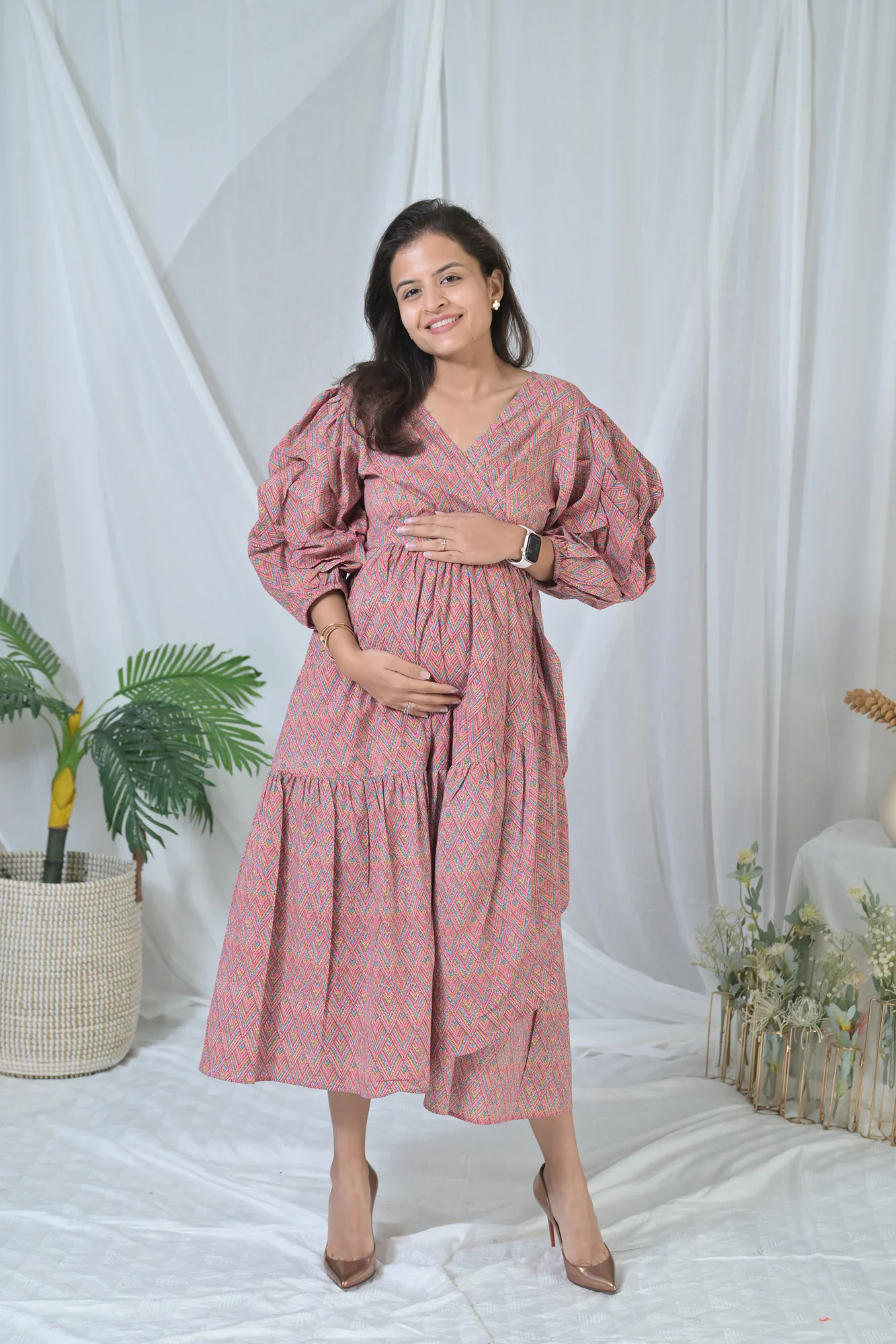 Nautical Pink Maternity & Nursing Frill Wrap Dress (100% Cotton) - Chenance