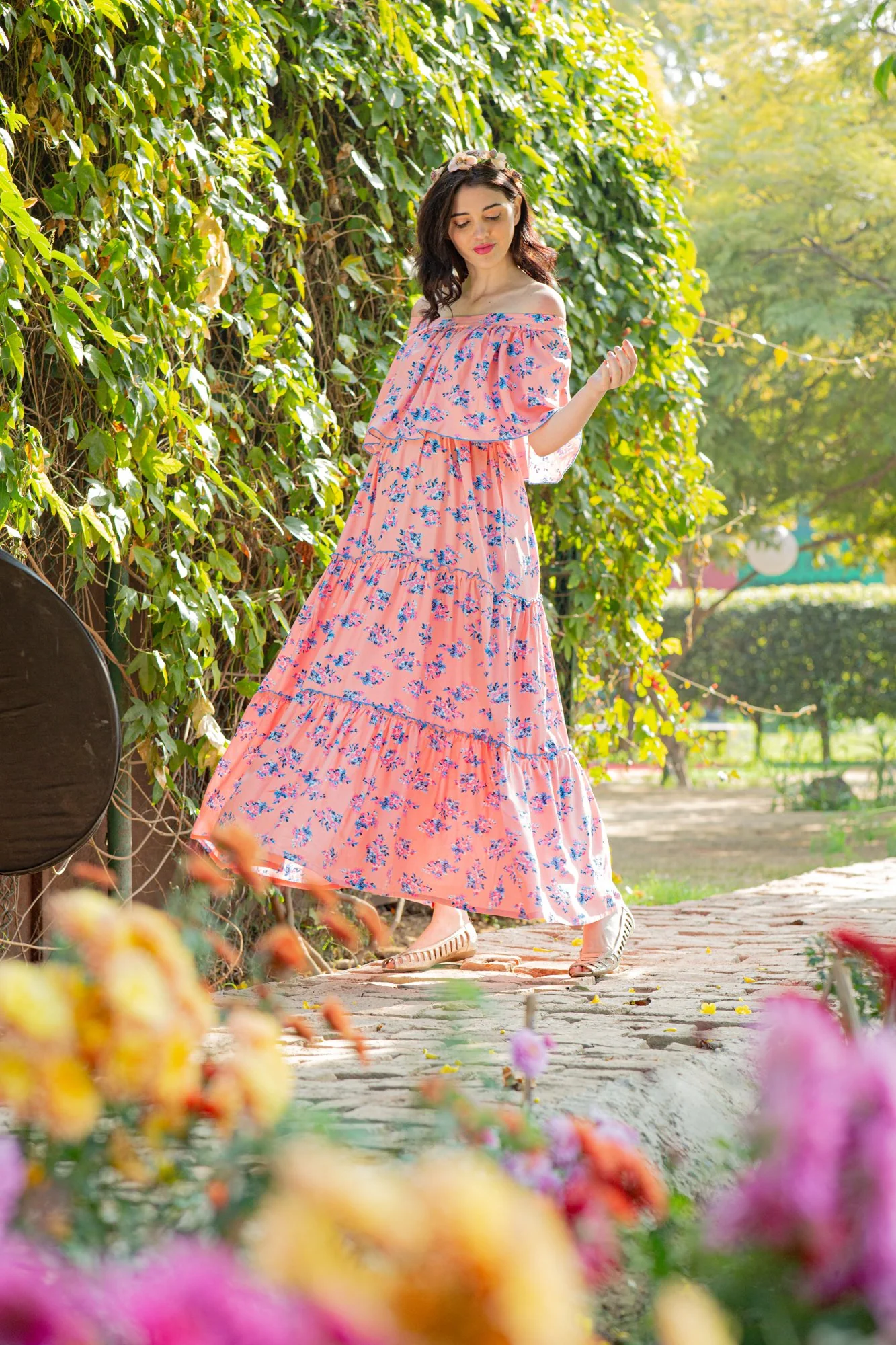 Botanical Pink Off-Shoulder Maternity Maxi Dress - Chenance