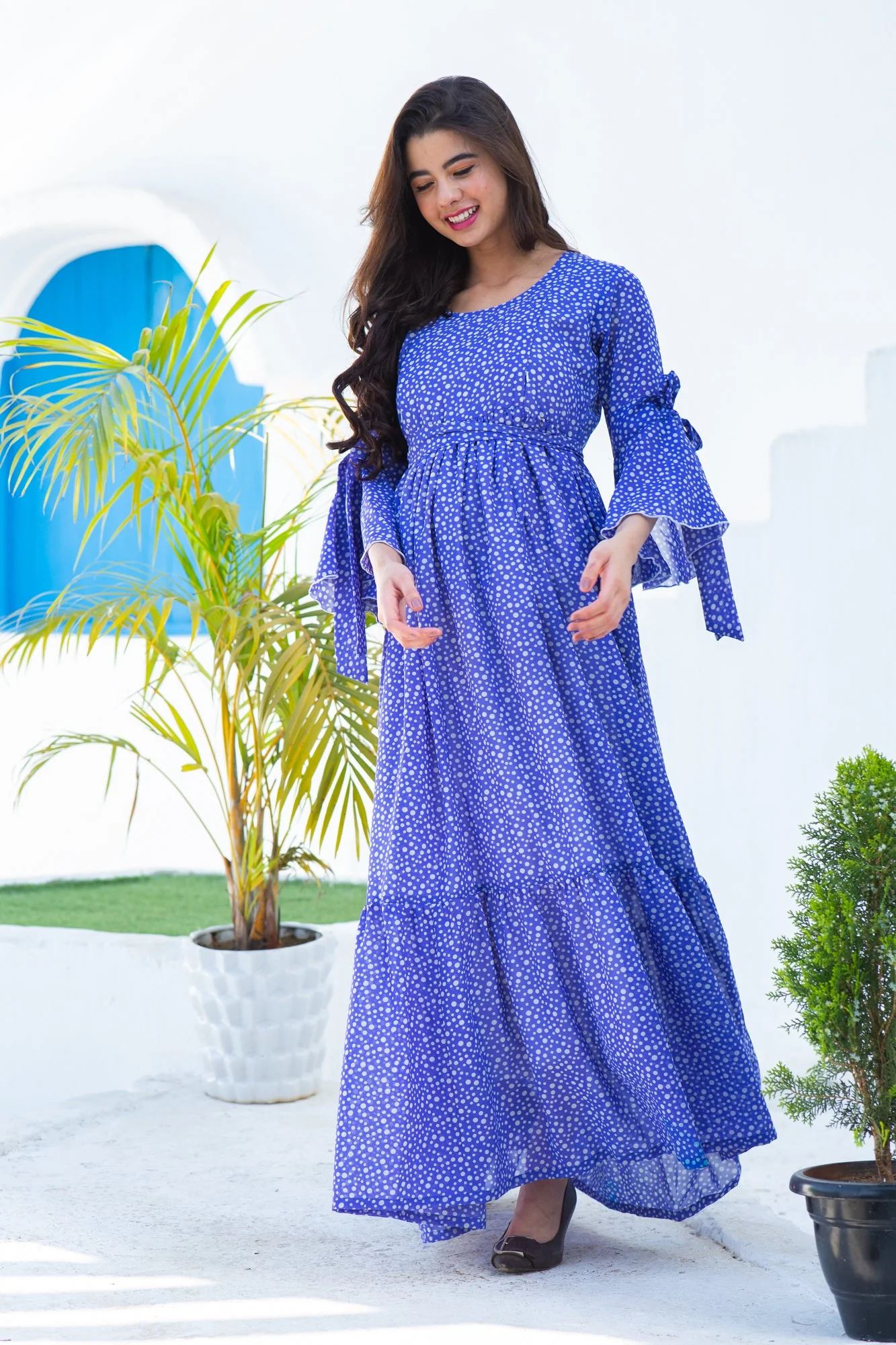 Midnight Starry Blue Maternity & Nursing Frill Dress - Chenance