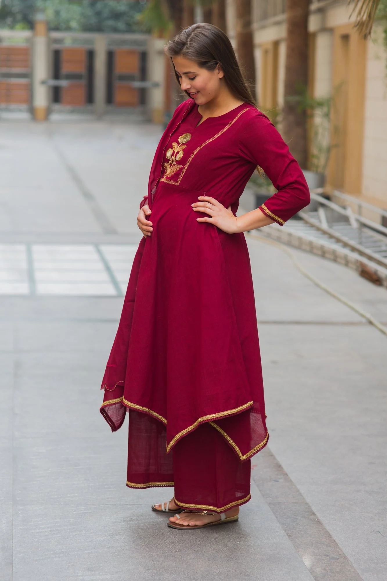 Premium Maroon Assym Gold Zari Maternity & Nursing Suit Set (3 pc) - Chenance