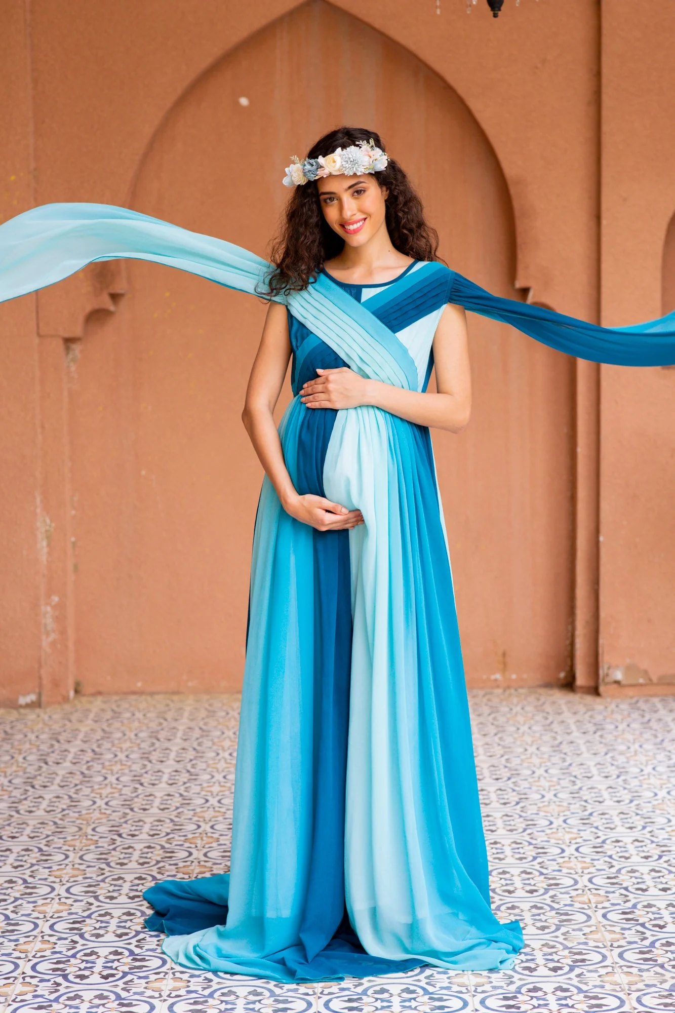 Victoria Blue Monochromatic Maternity Trail Photoshoot Gown - Chenance