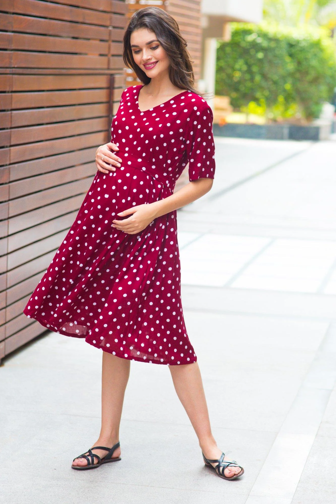Burgundy Polka Maternity & Nursing Dress - Chenance