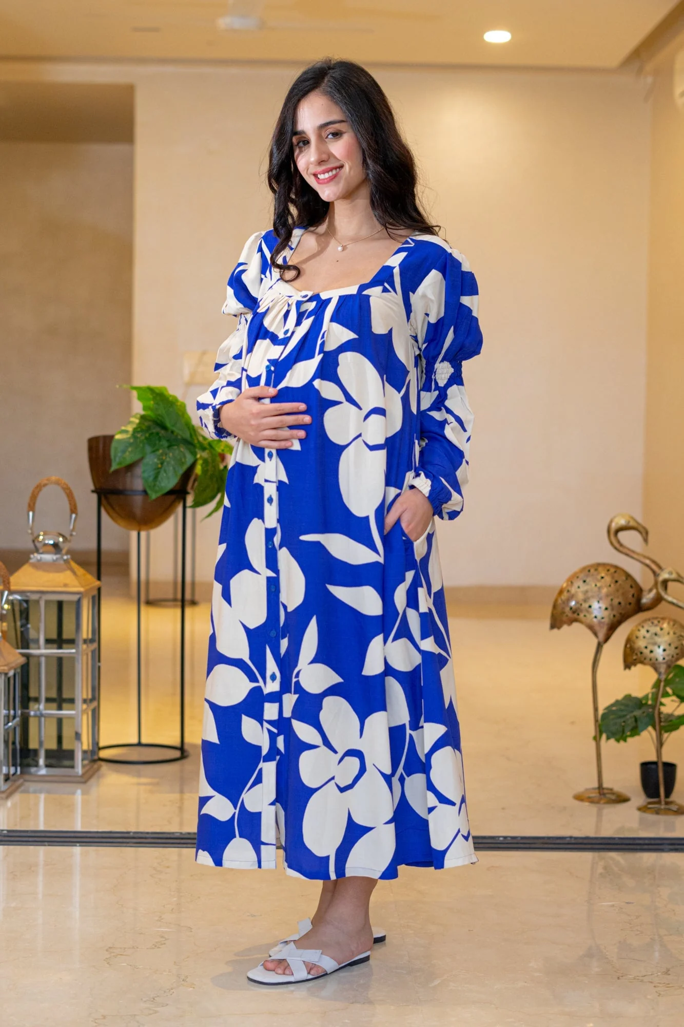Admiral Blue Leafy Maternity & Nursing Dress - Chenance