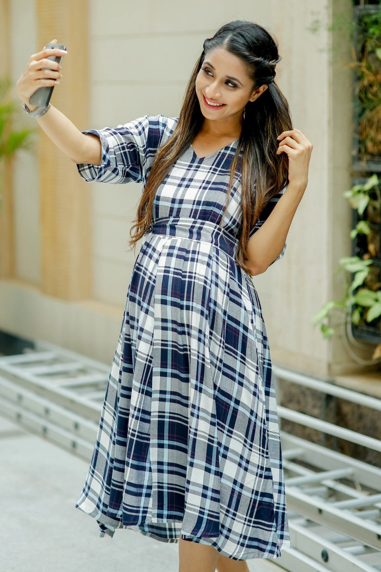 Royal Navy Plaid Concealed Zips Maternity and Nursing Dress - Chenance