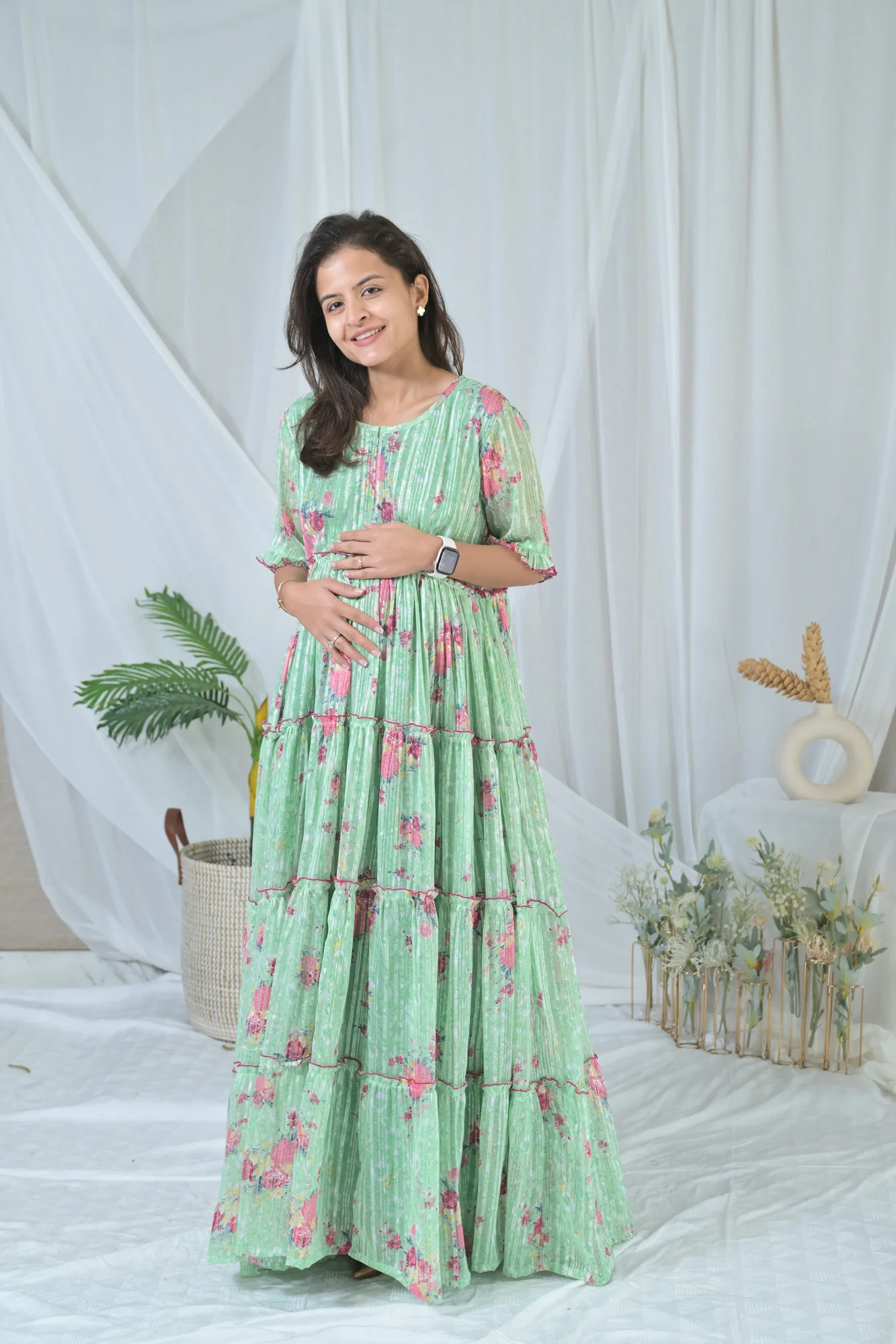 Graceful Mint Green Frill Maternity & Nursing Dress - Chenance