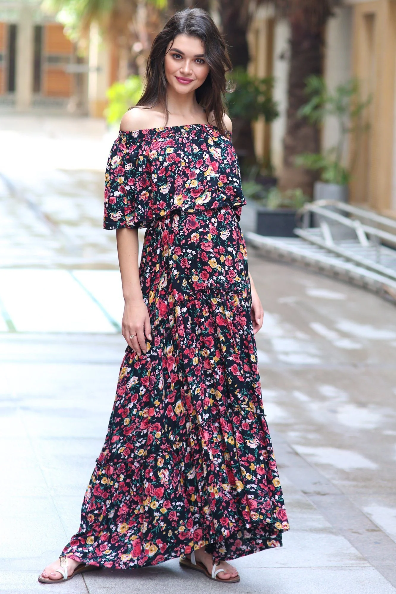 Midnight Blossom Off-Shoulder Maternity Maxi Dress - Chenance