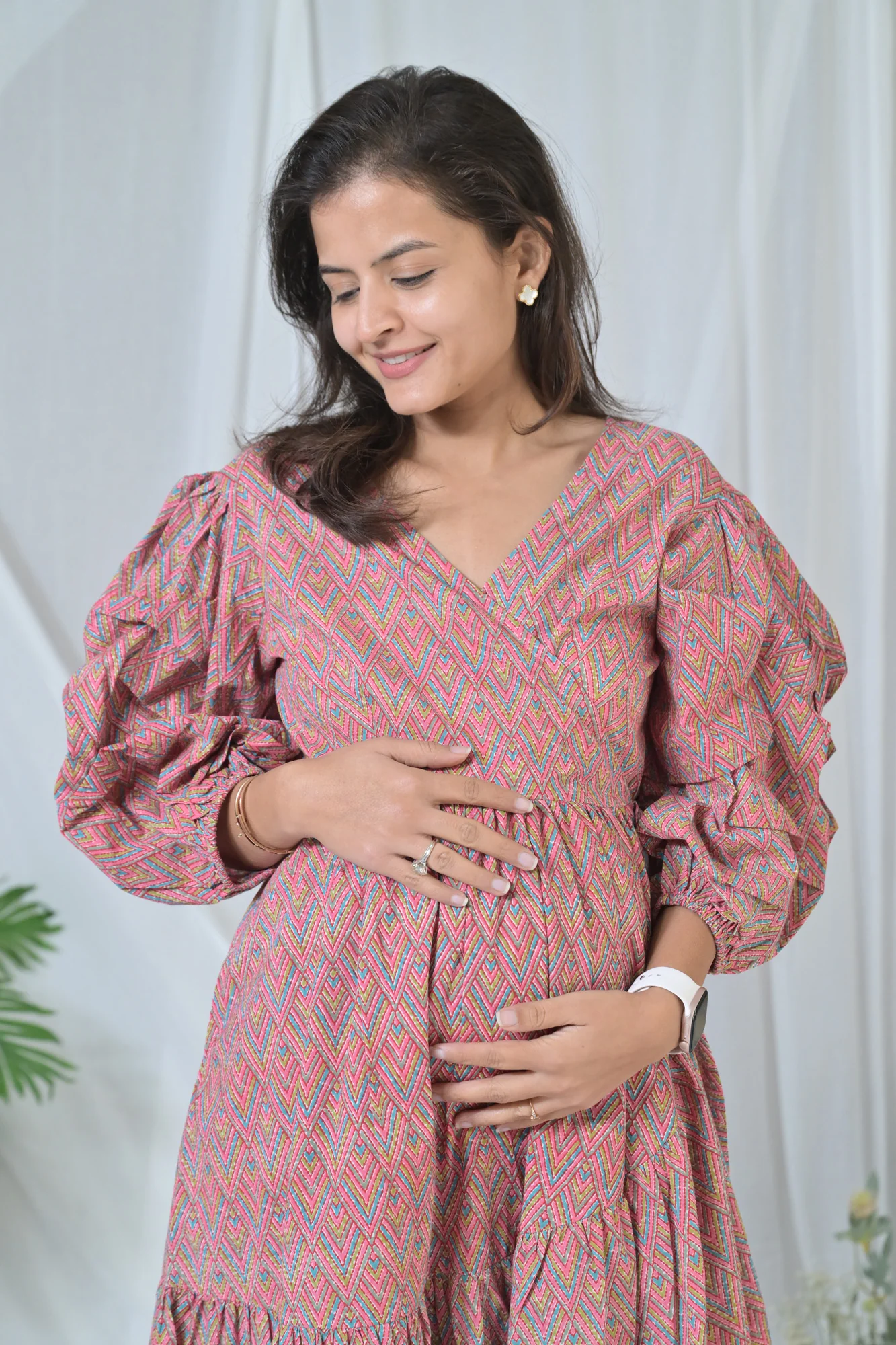 Nautical Pink Maternity & Nursing Frill Wrap Dress (100% Cotton) - Chenance