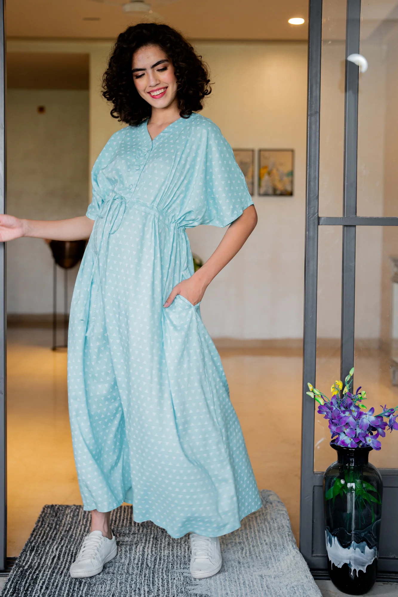 Triangle Pale Turquoise Maternity & Nursing Dress / Delivery Gown/ Night Dress - Chenance