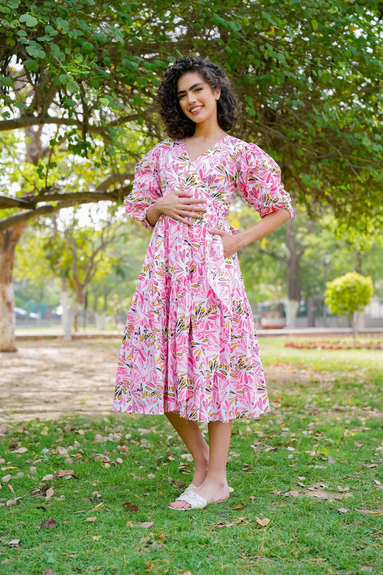 Pleasing Ivory Pinky Blossom Maternity & Nursing Frill Wrap Dress (100% Cotton) - Chenance