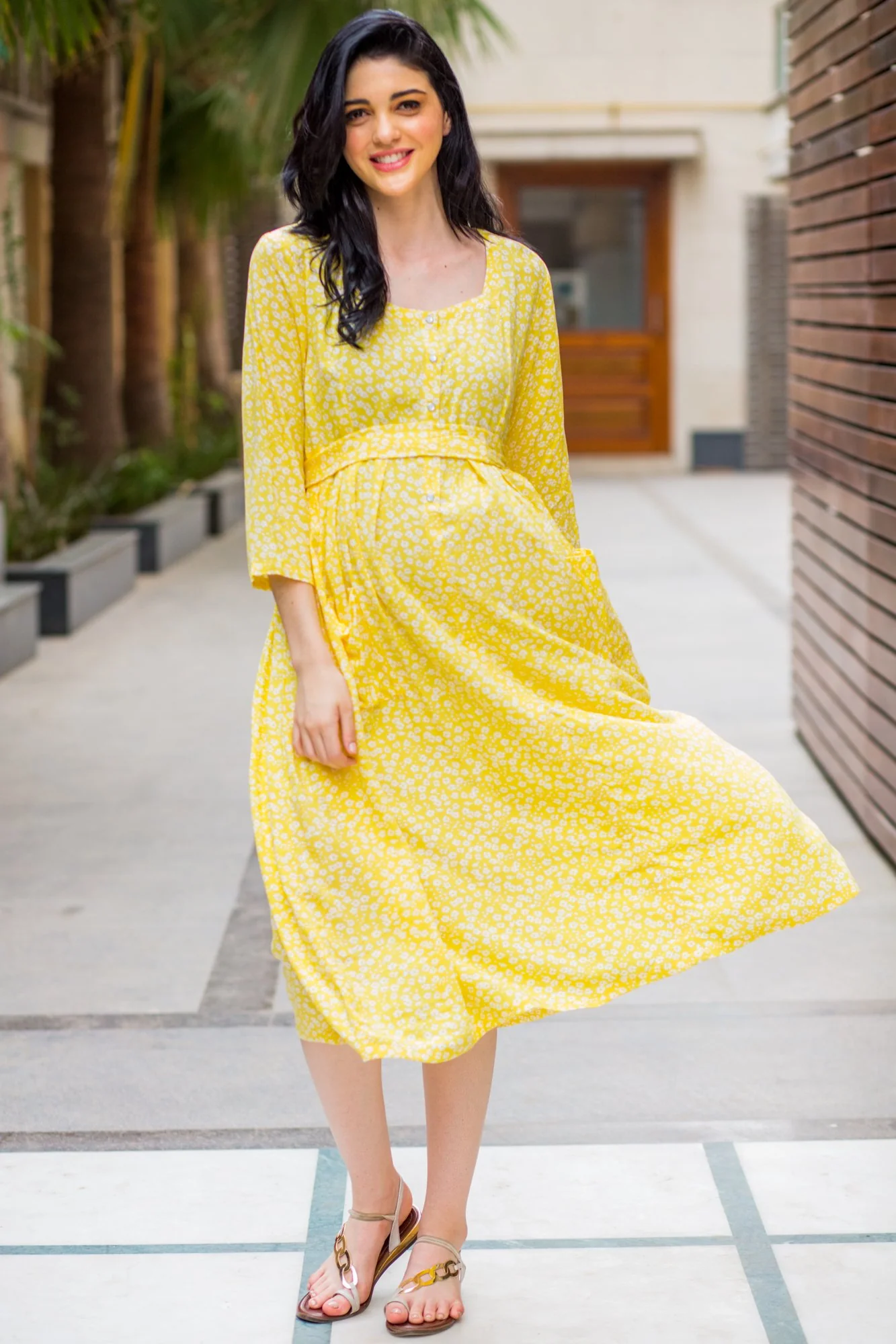 Joyful Yellow Pocket Maternity & Nursing Dress - Chenance