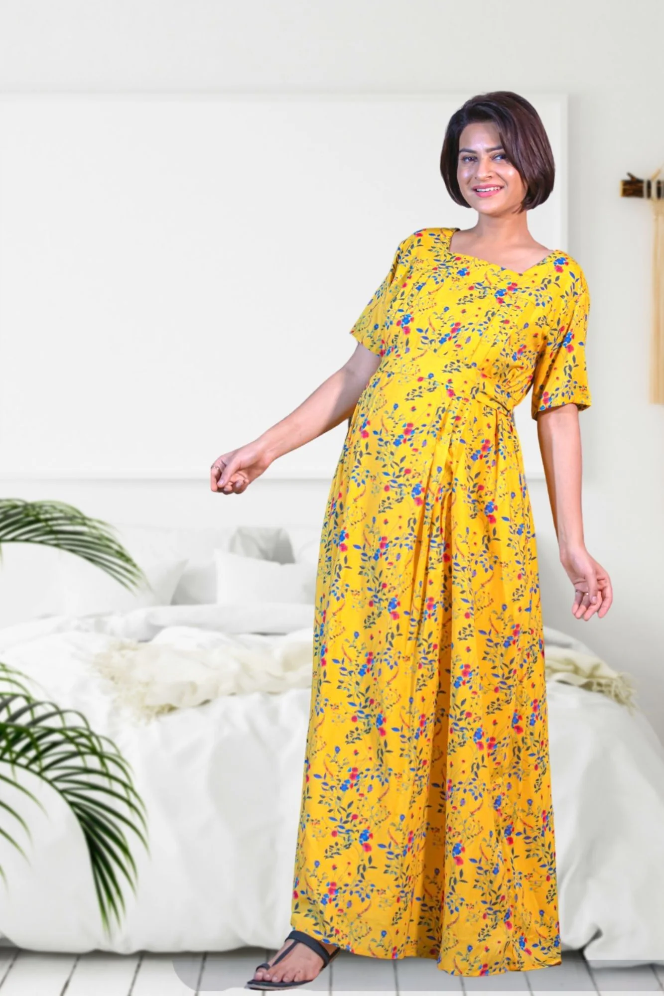 Moonlight Yellow Maternity & Nursing Dress / Delivery Gown/ Night Dress - Chenance