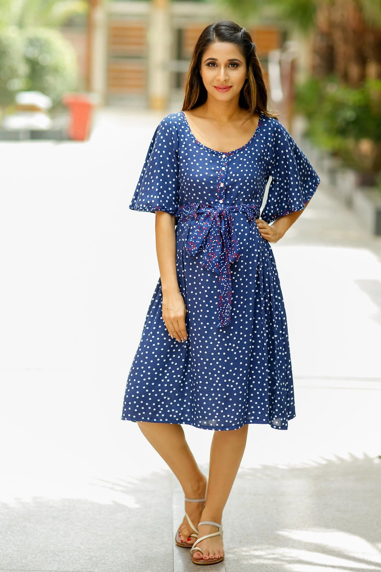 Blue Polka Maternity and Front Button Nursing Swing Dress - Chenance