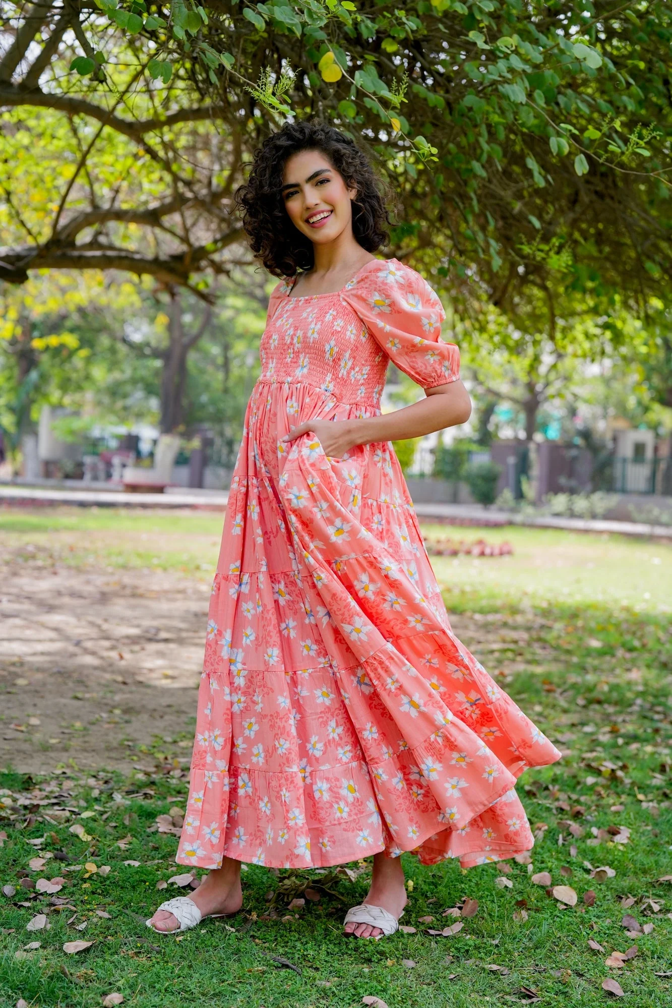 Graceful Apricot Floral Maternity Layered Dress (100% Cotton) - Chenance