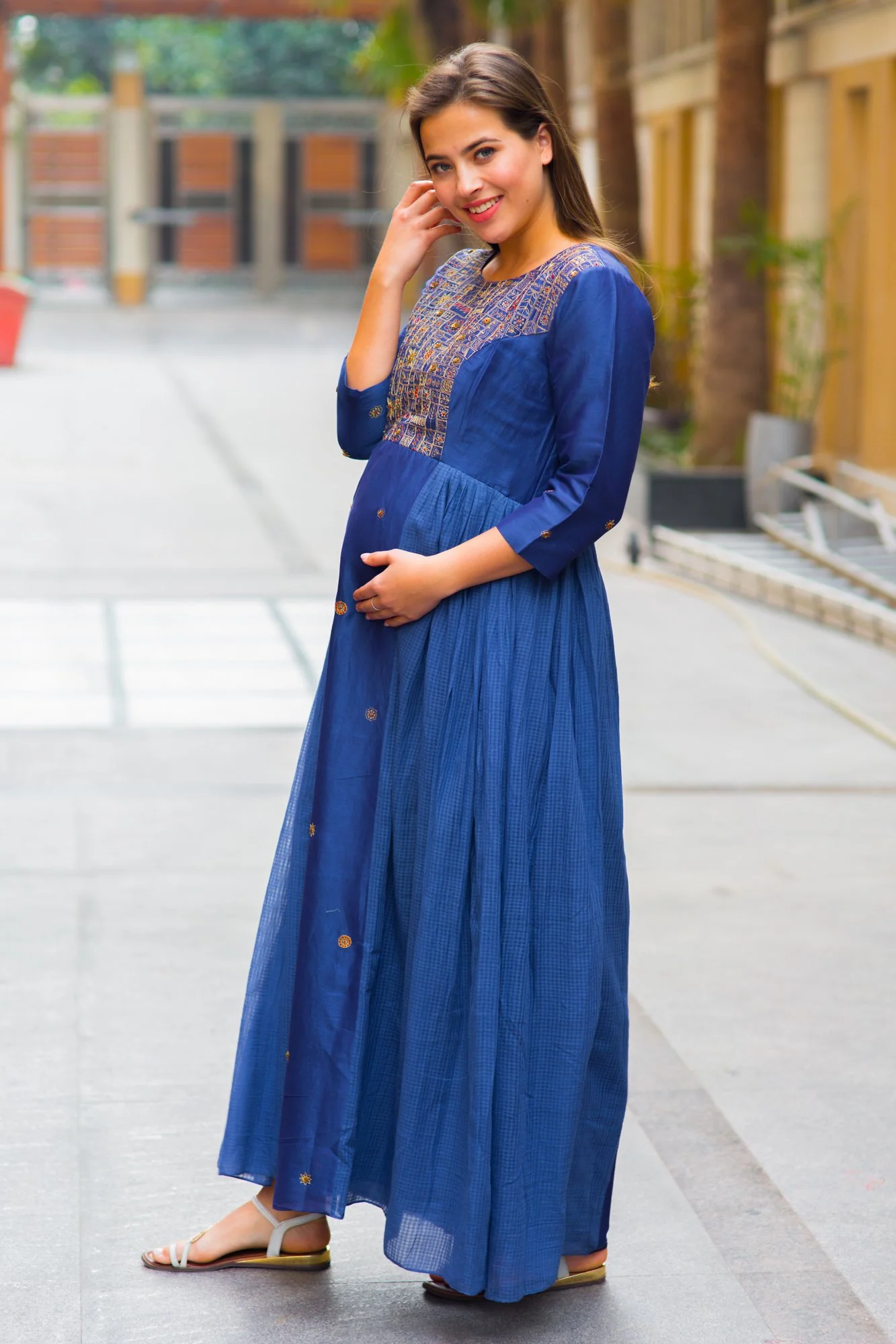 Premium Blue Chanderi Hand Embroidered Maternity & Nursing Dress - Chenance
