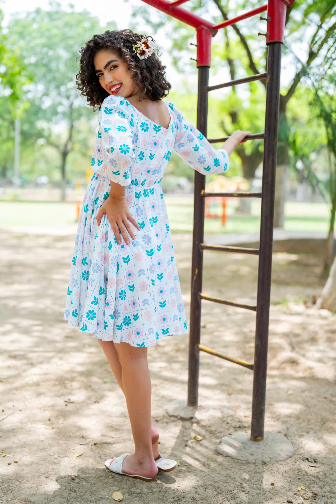 Soothing White Check Floral Maternity Knee Dress (100% Cotton) - Chenance