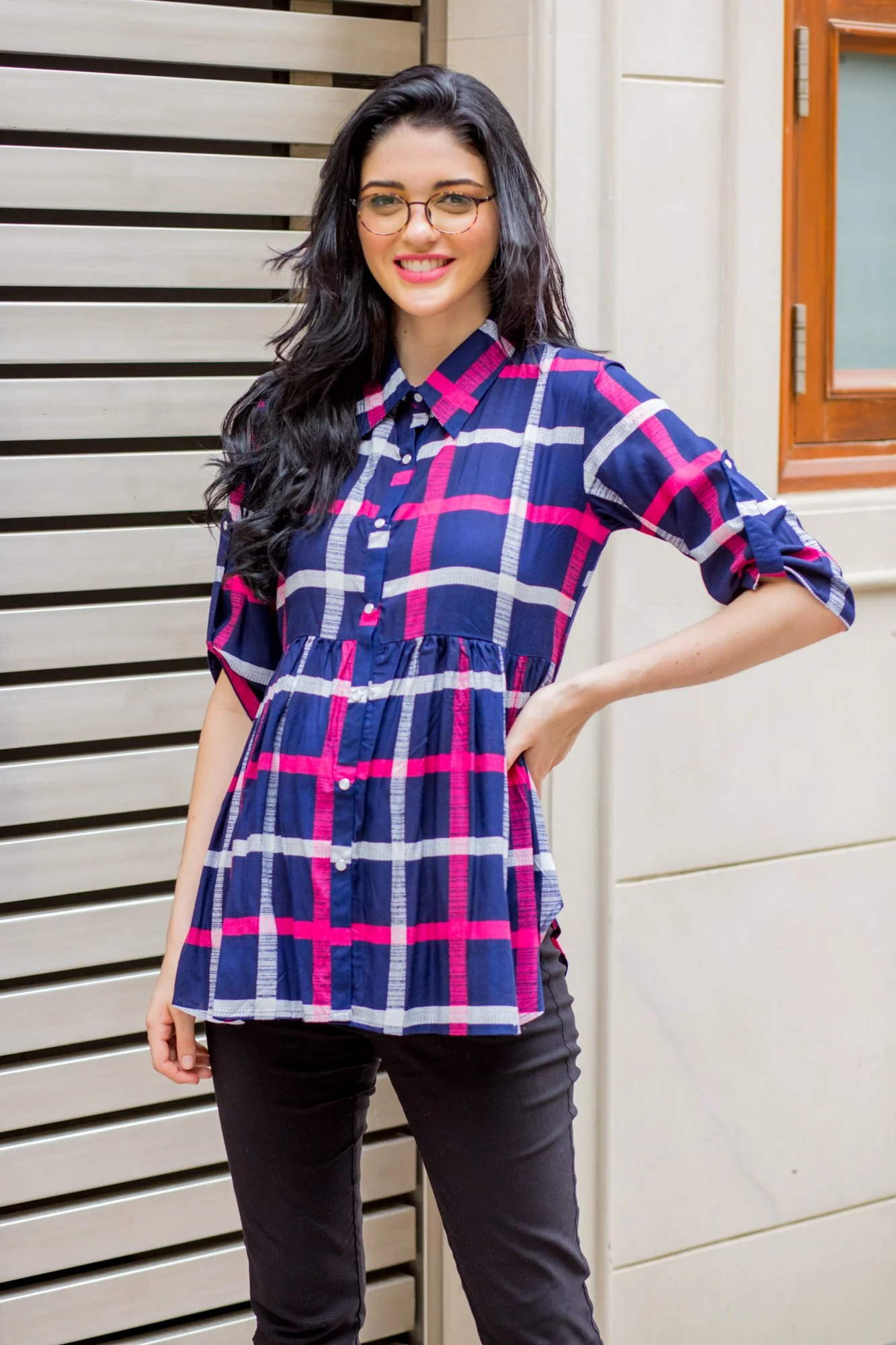Navy Pink Gathered Viscose Maternity & Nursing Shirt - Chenance