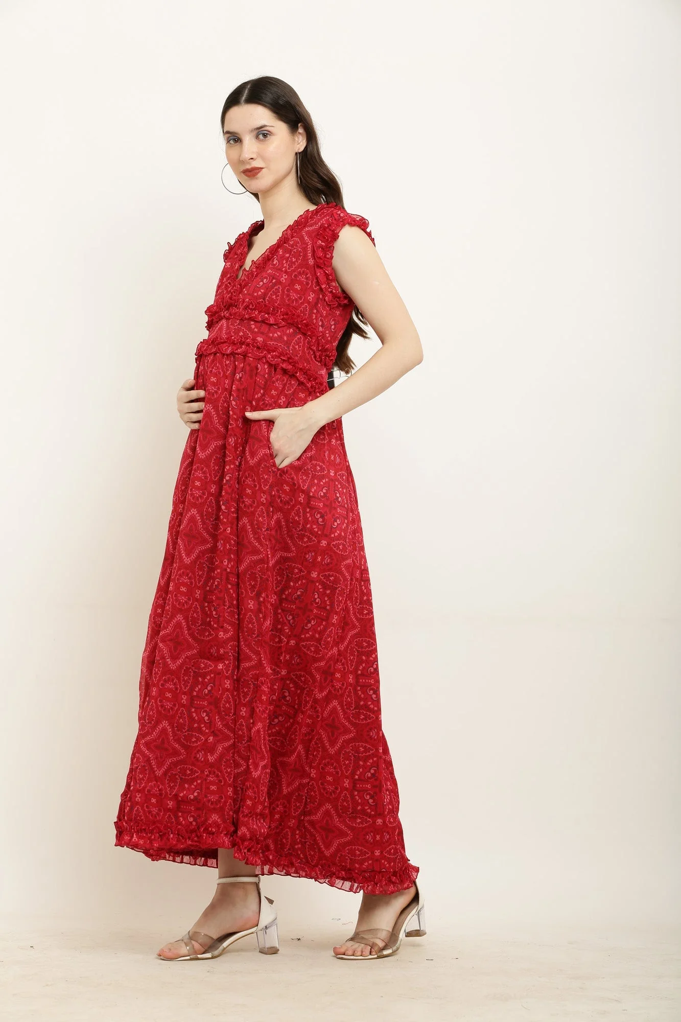 Poppy Red Ethnic Print Maternity Chiffon Dress - Chenance