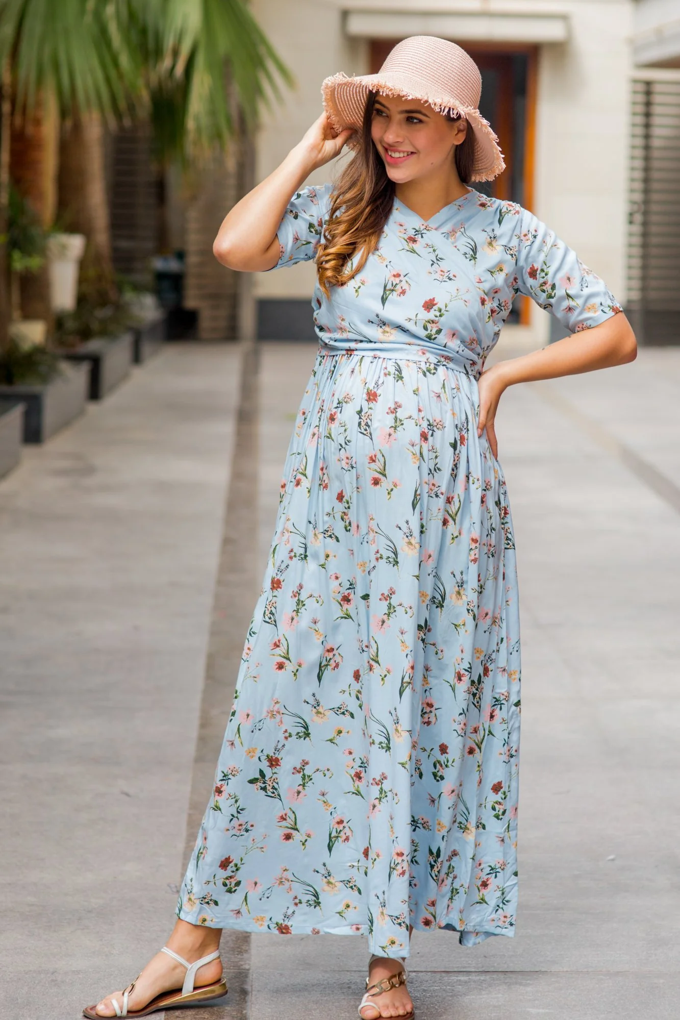 Pastel Blue Blossom Maternity & Nursing Wrap Dress - Chenance