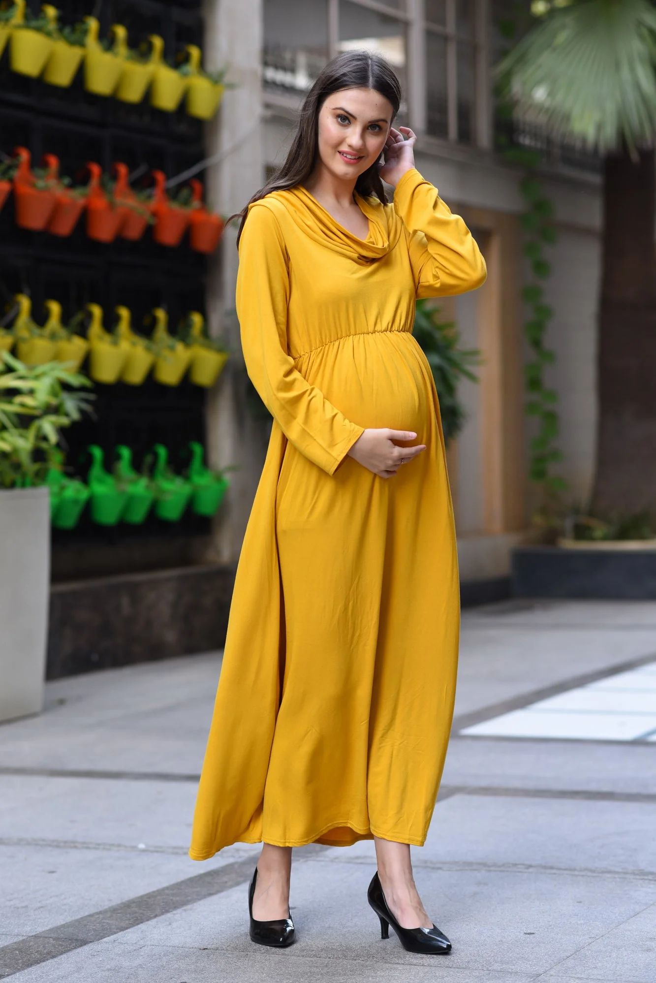 Honey Yellow Cowl Neck Off-Shoulder Maternity Maxi Dress - Chenance