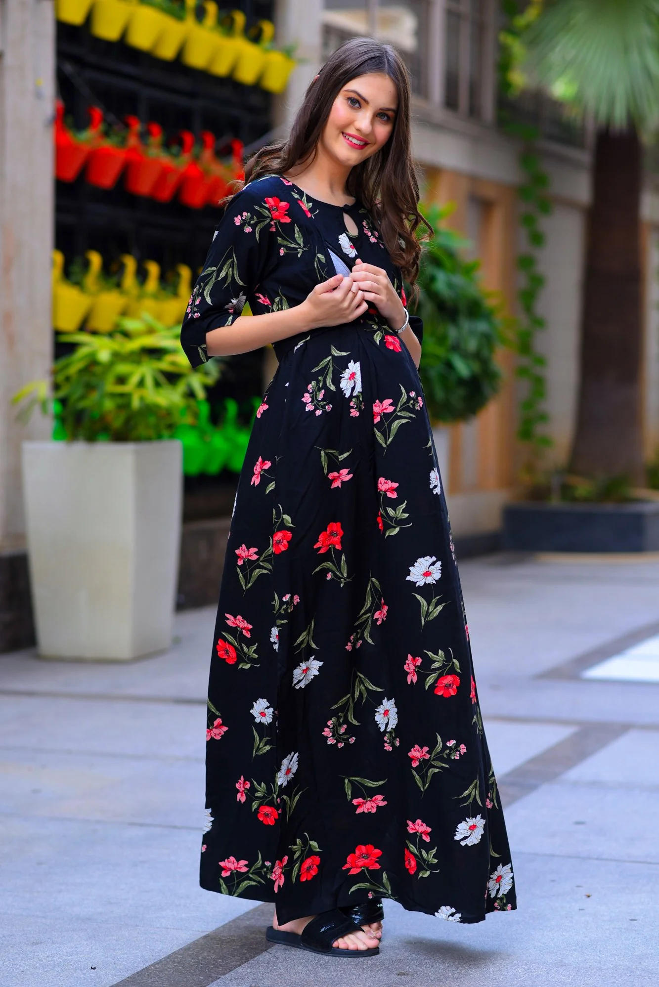 Midnight Side Slit Maternity & Feeding Dress - Chenance