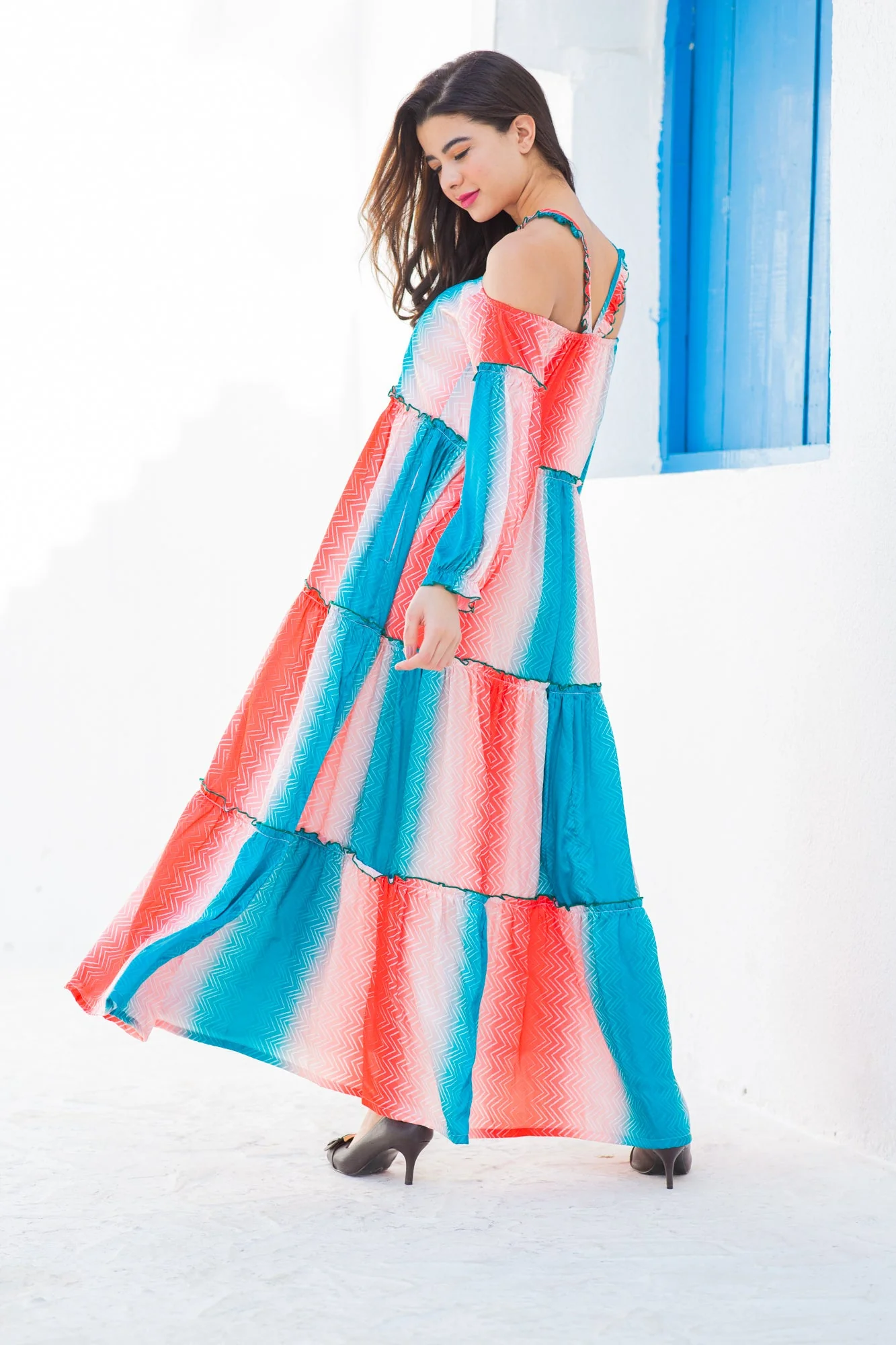 Beautiful Cherry Chevron Halter Maternity & Nursing Frill Dress - Chenance