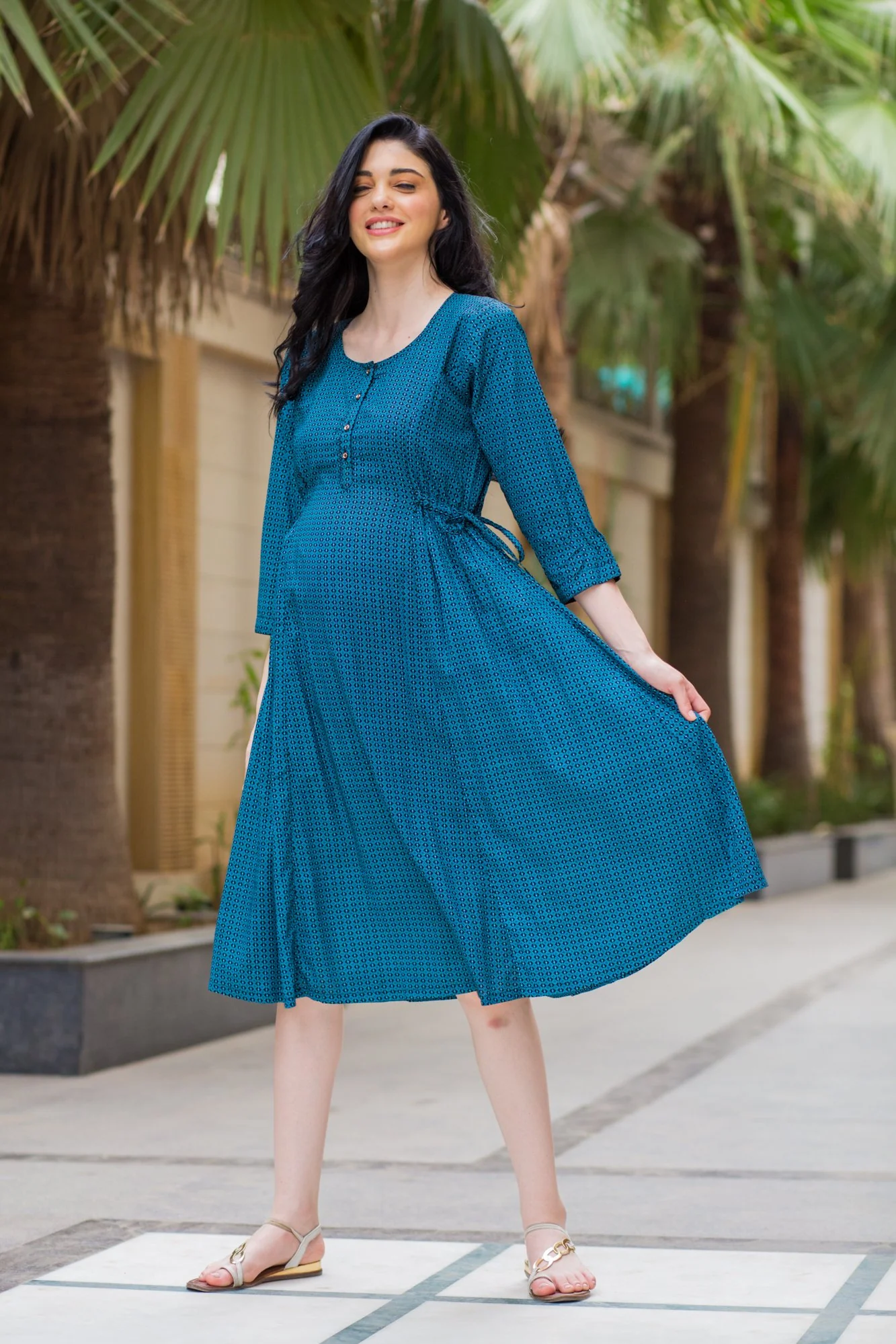 Teal Patterned Maternity & Nursing Kurta Dress - Chenance