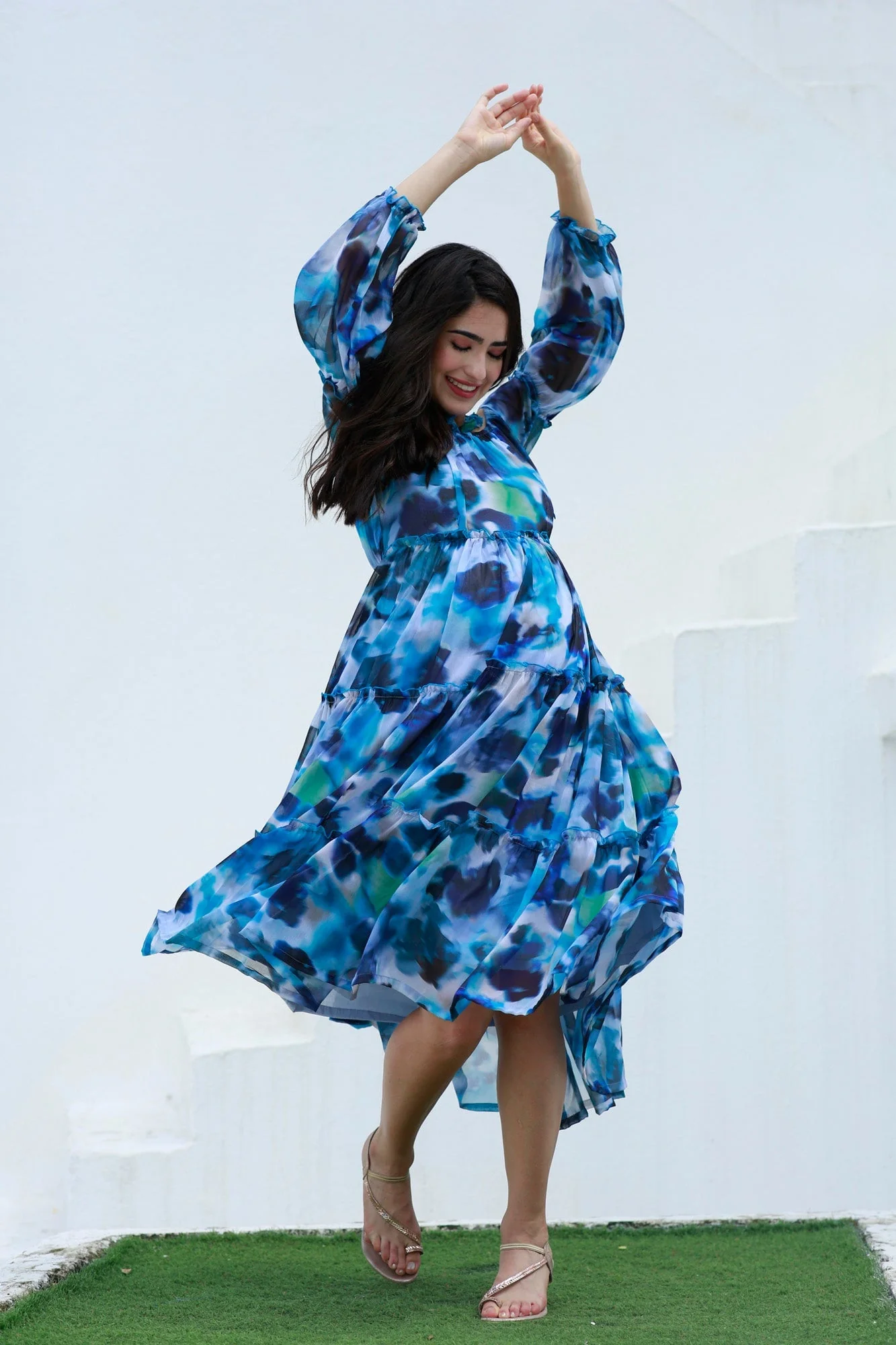 Paradise Blue Waves Halter Maternity & Nursing Frill Dress - Chenance