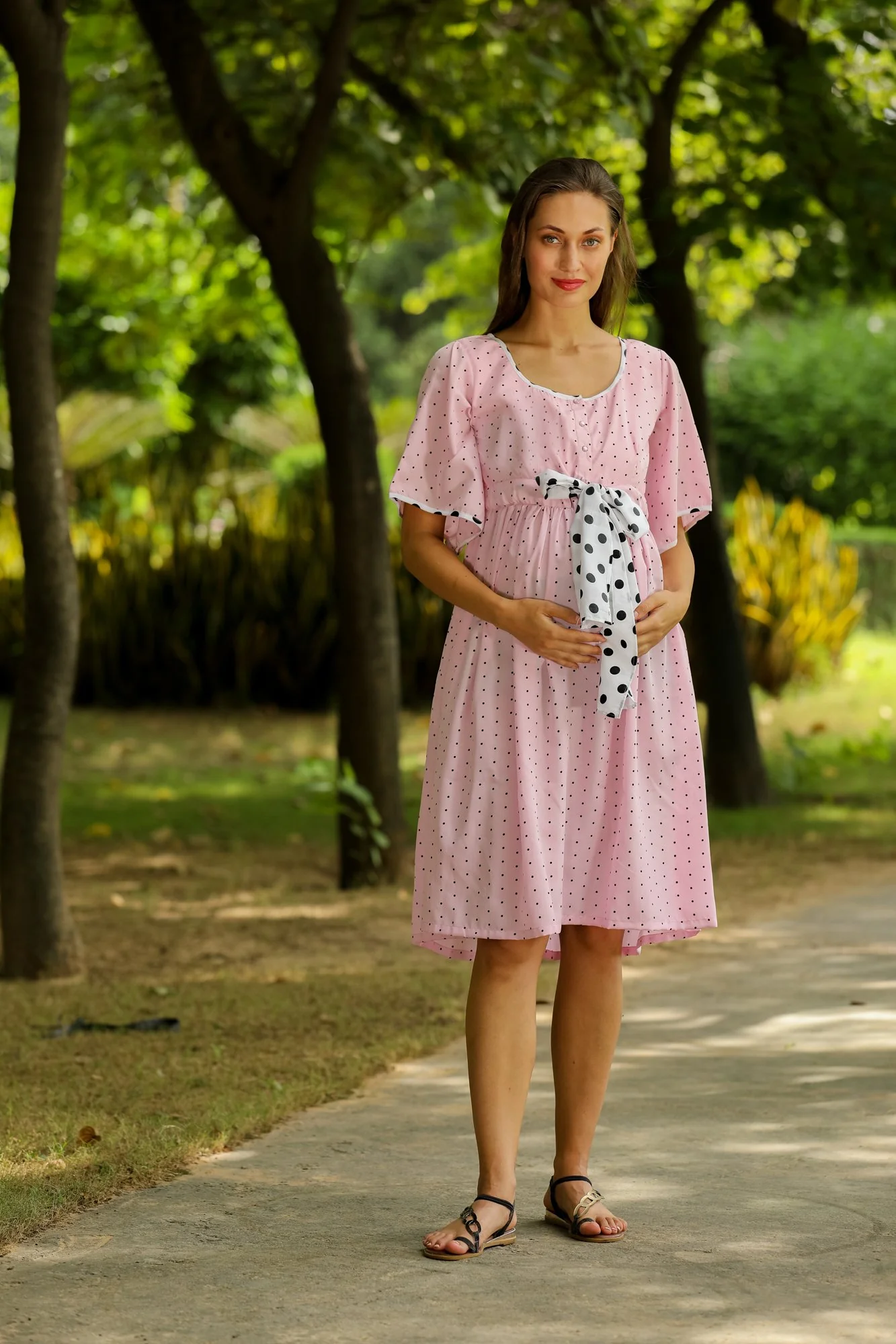 Pastel Pink Polka Maternity and Front Button Nursing Swing Dress - Chenance