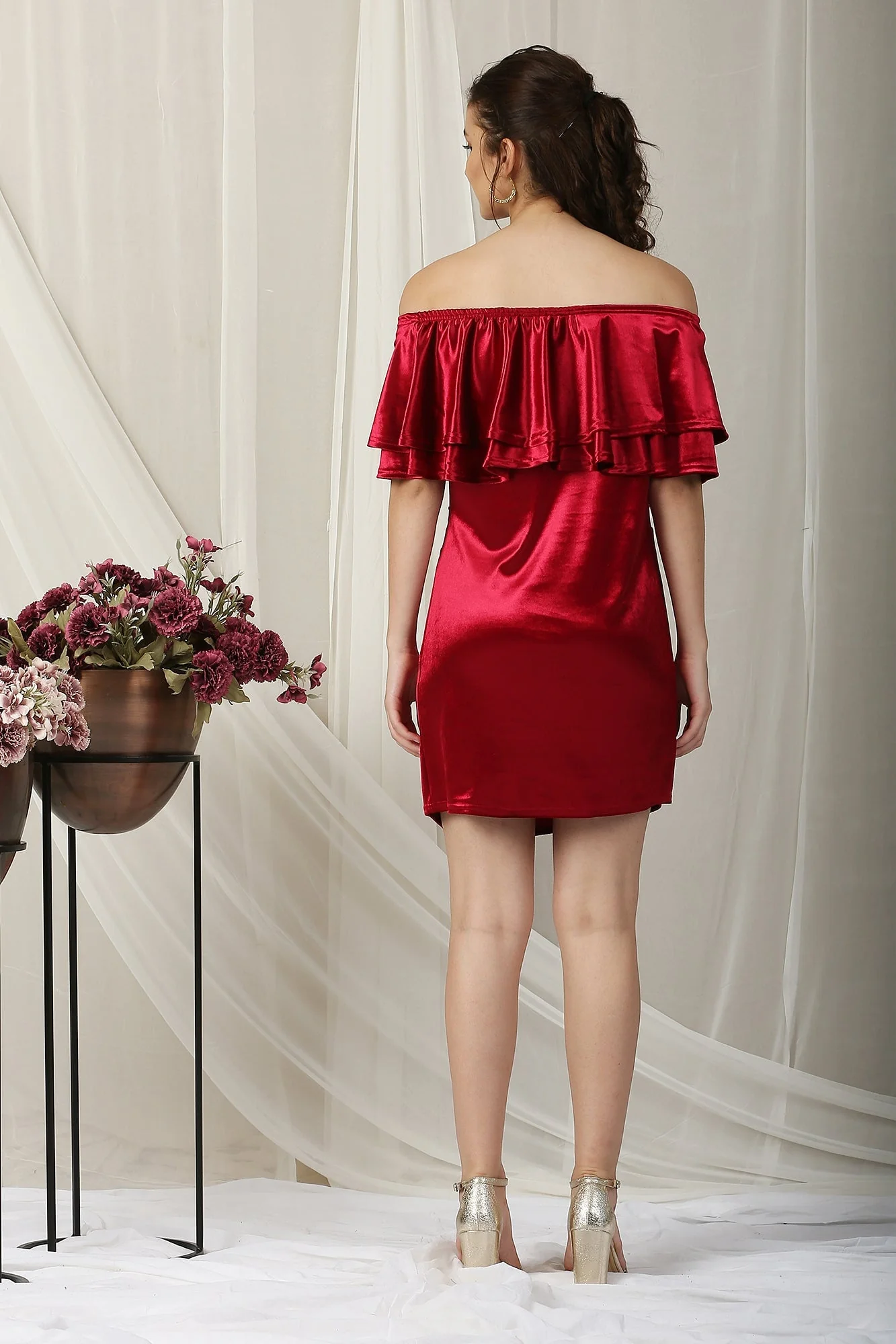 Red Sizzling Off -Shoulder Maternity Knee Dress - Chenance