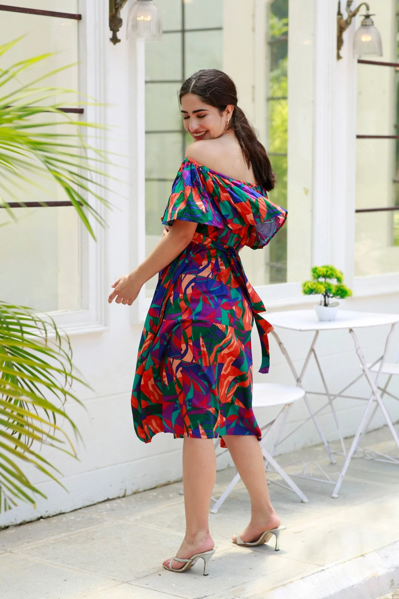 Retro Abstract Blue Off-Shoulder Maternity Frill Dress - Chenance