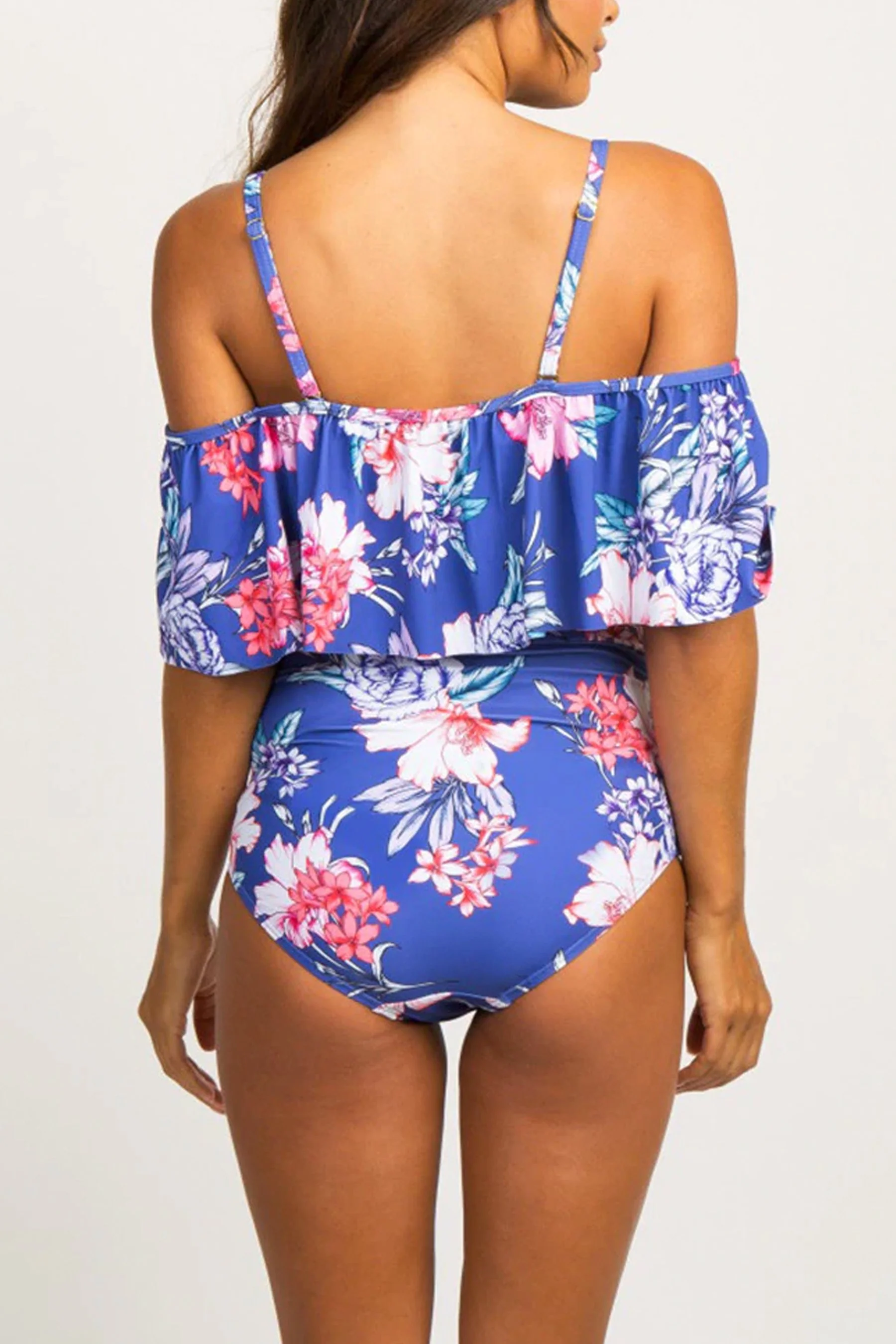 Ocean Blue Floral Off-Shoulder Maternity Swimsuit - Chenance