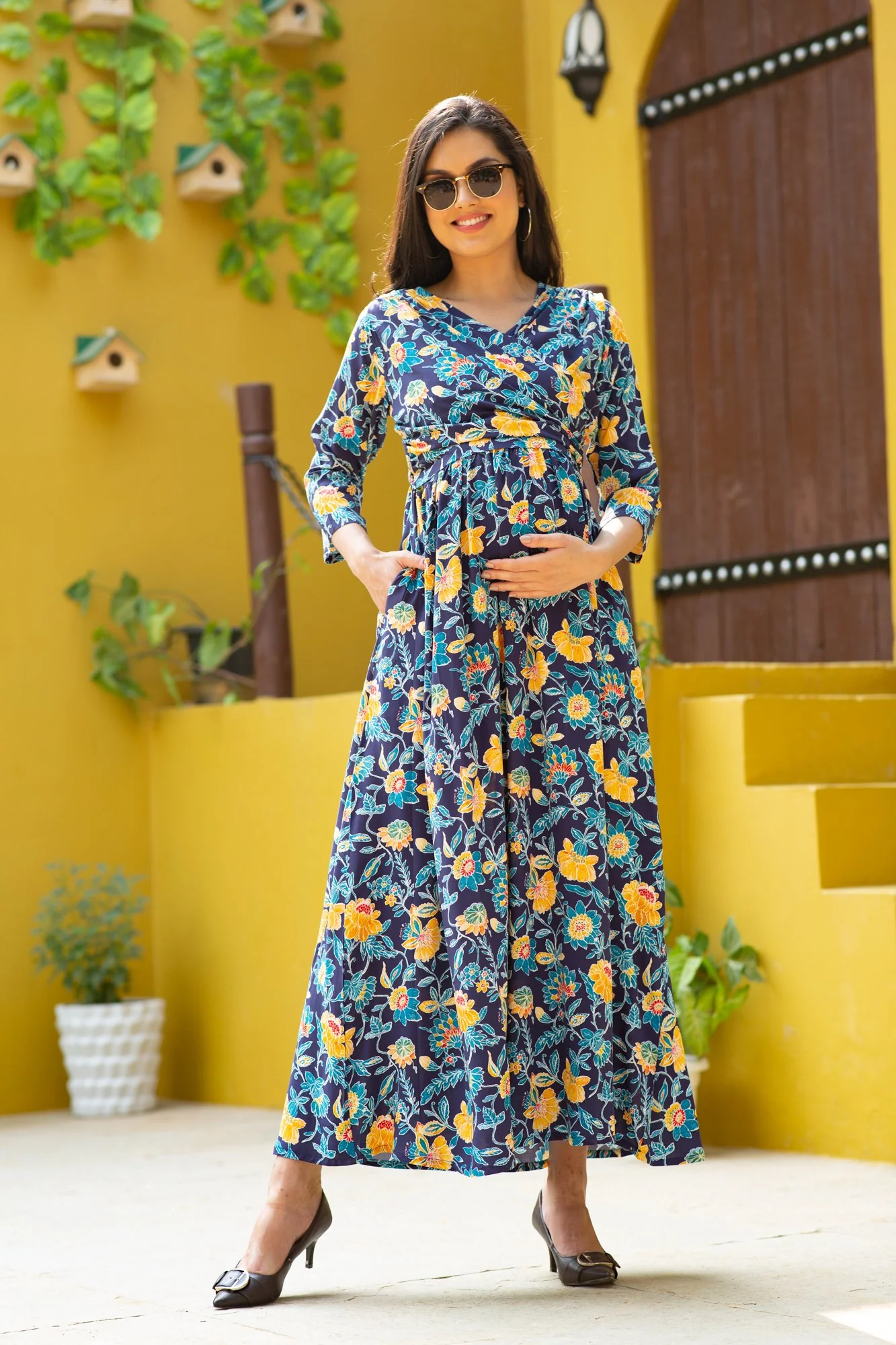 Navy Blossom Maternity & Nursing Wrap Dress - Chenance