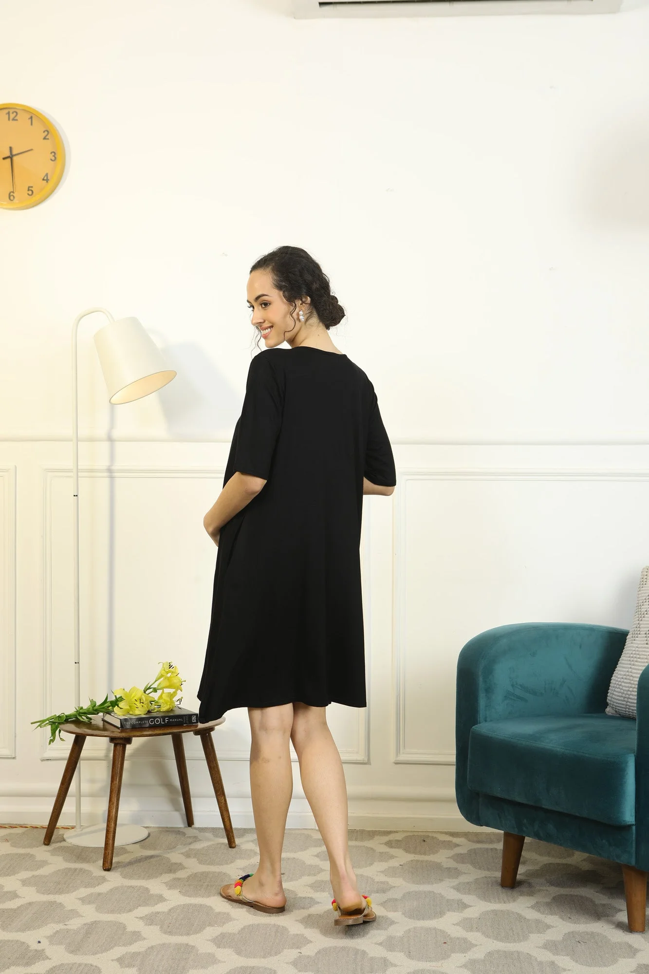 Soft Black Shoulder Snap Maternity & Nursing Night Dress / Delivery Gown/ Lounge Dress - Chenance