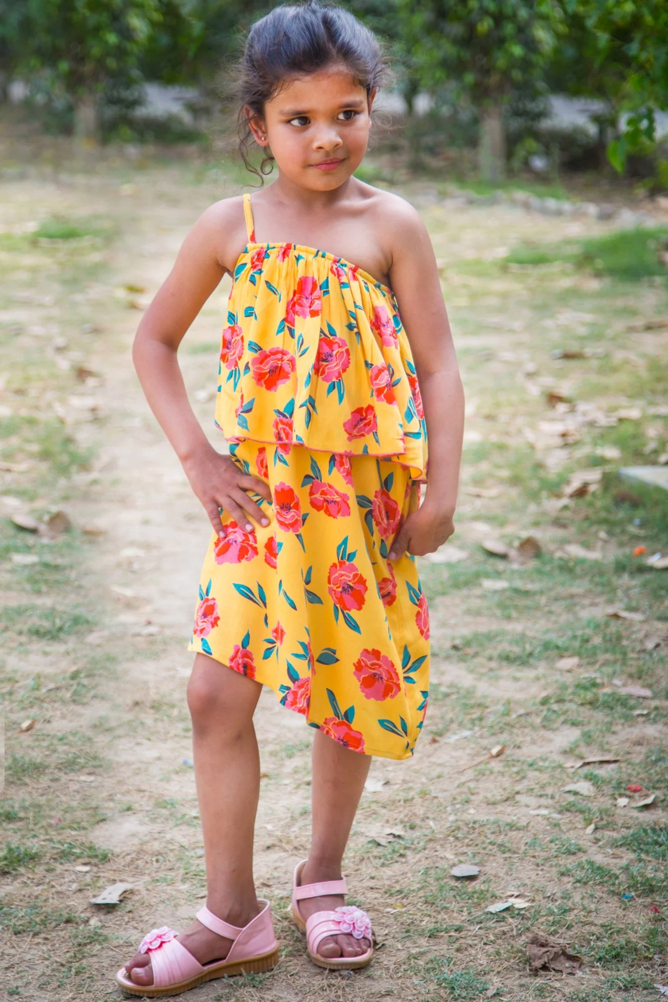One Shoulder Marigold Floral Dress (1 year to 8 years) - Chenance
