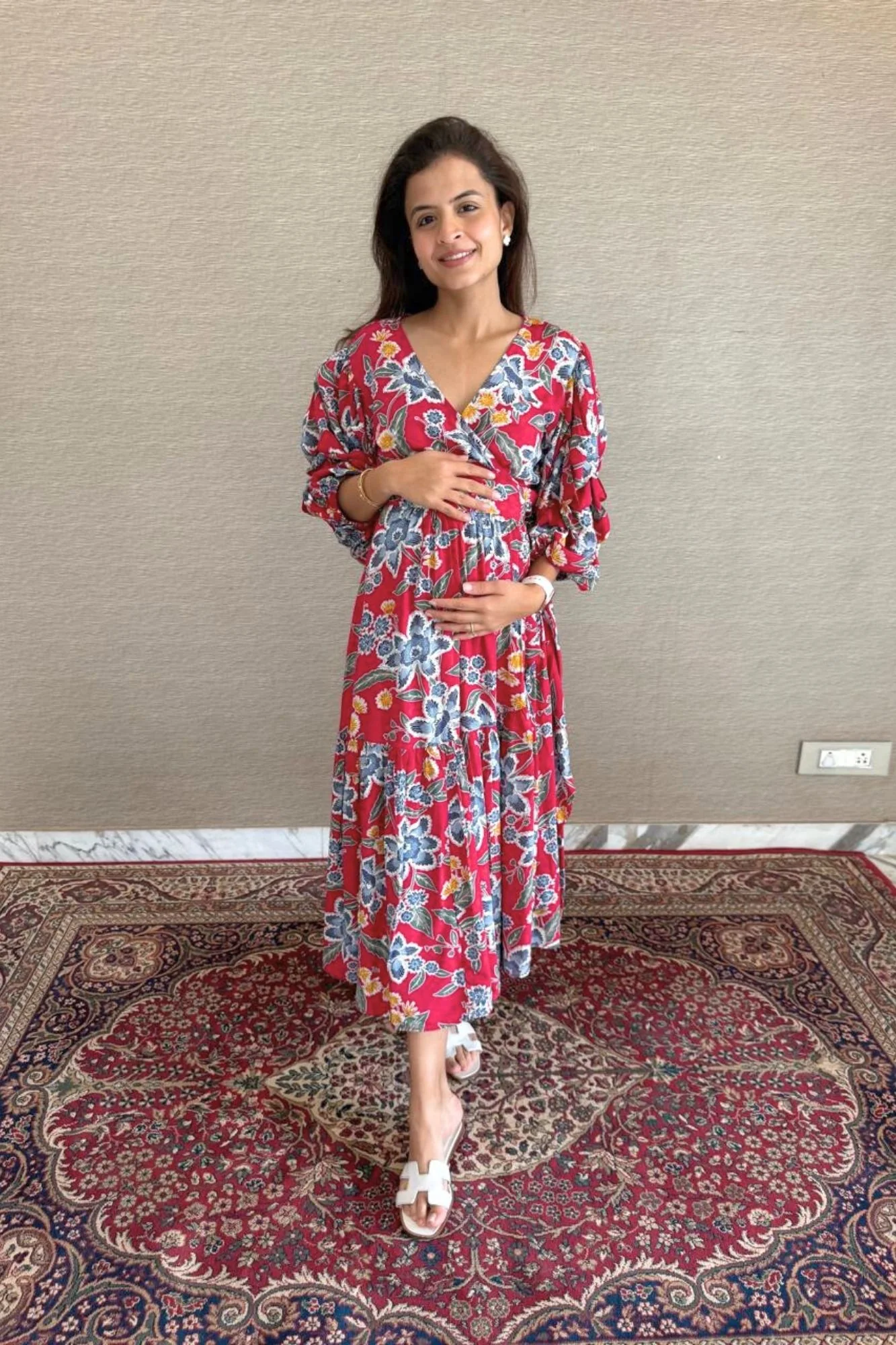 Pink Flower Pop Maternity & Nursing Frill Wrap Dress - Chenance