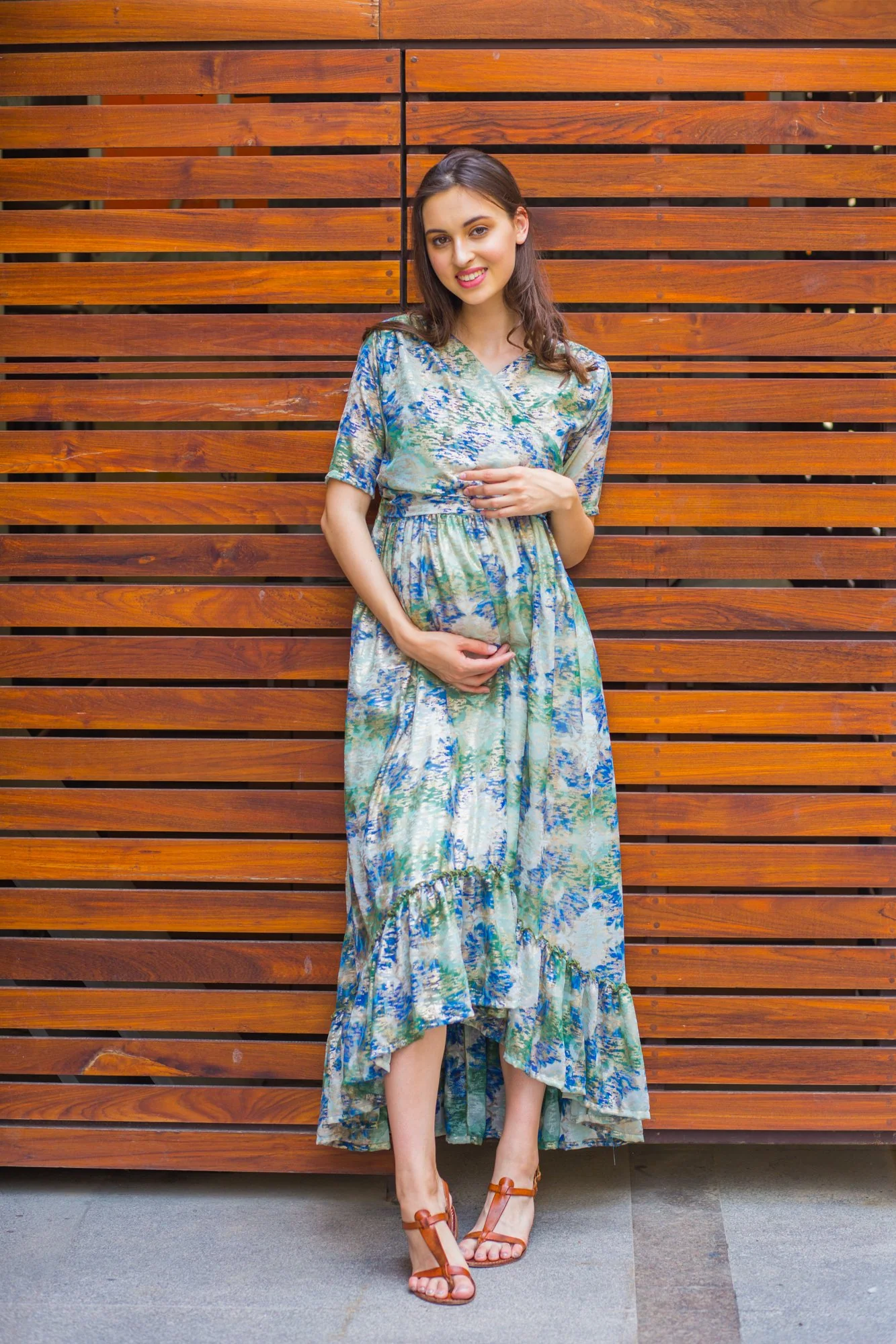 Green Embellished Hi-Low Frill Maternity & Nursing Wrap Dress - Chenance