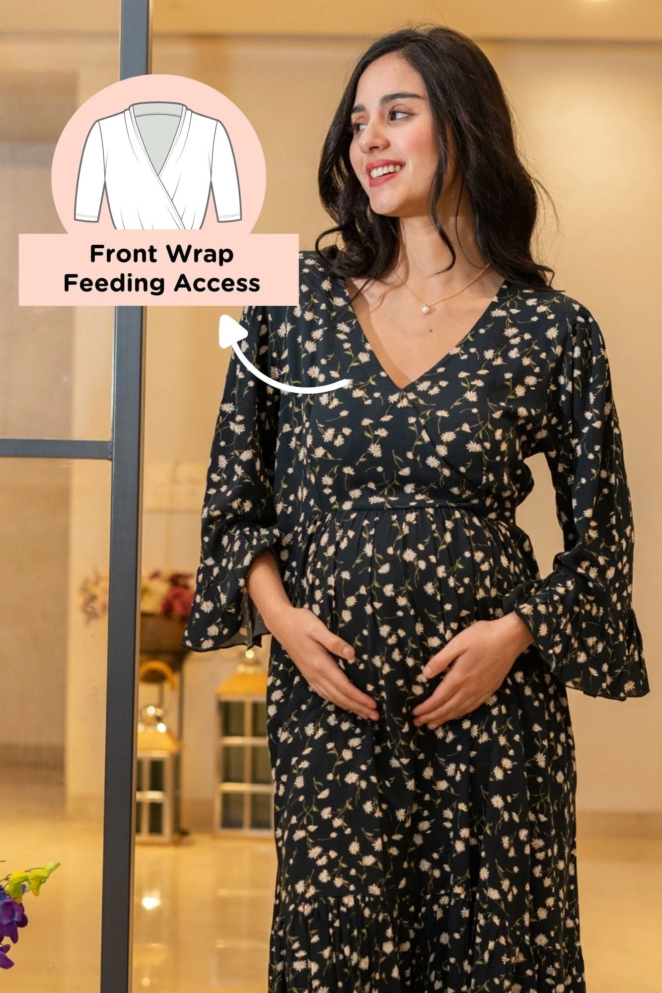 Vivacious Rich Black Floral Maternity & Nursing Midi Wrap Dress - Chenance