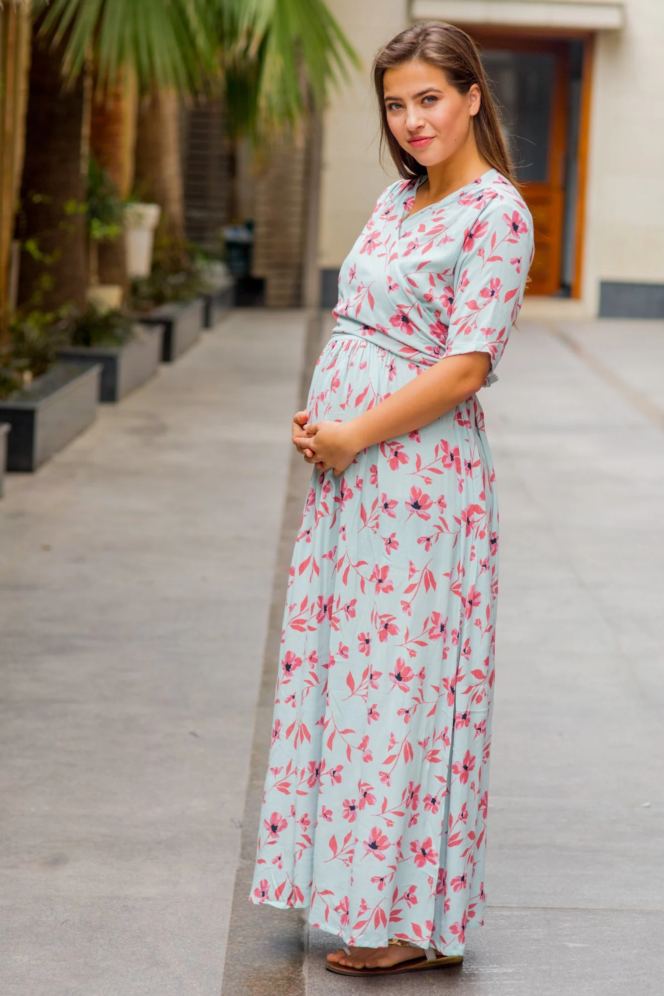 Carolina Blue Pink Floral Maternity & Nursing Wrap Dress - Chenance