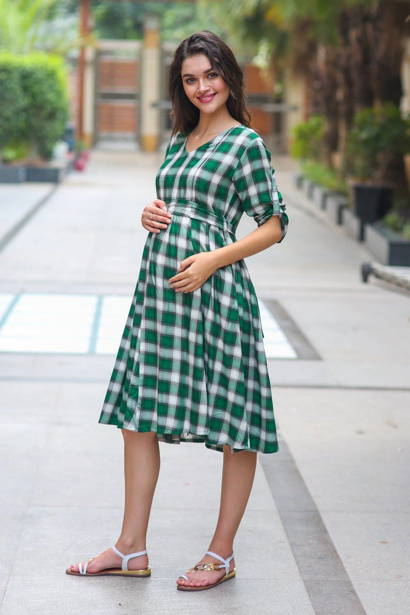 Forest Green Plaid Maternity & Nursing Dress - Chenance