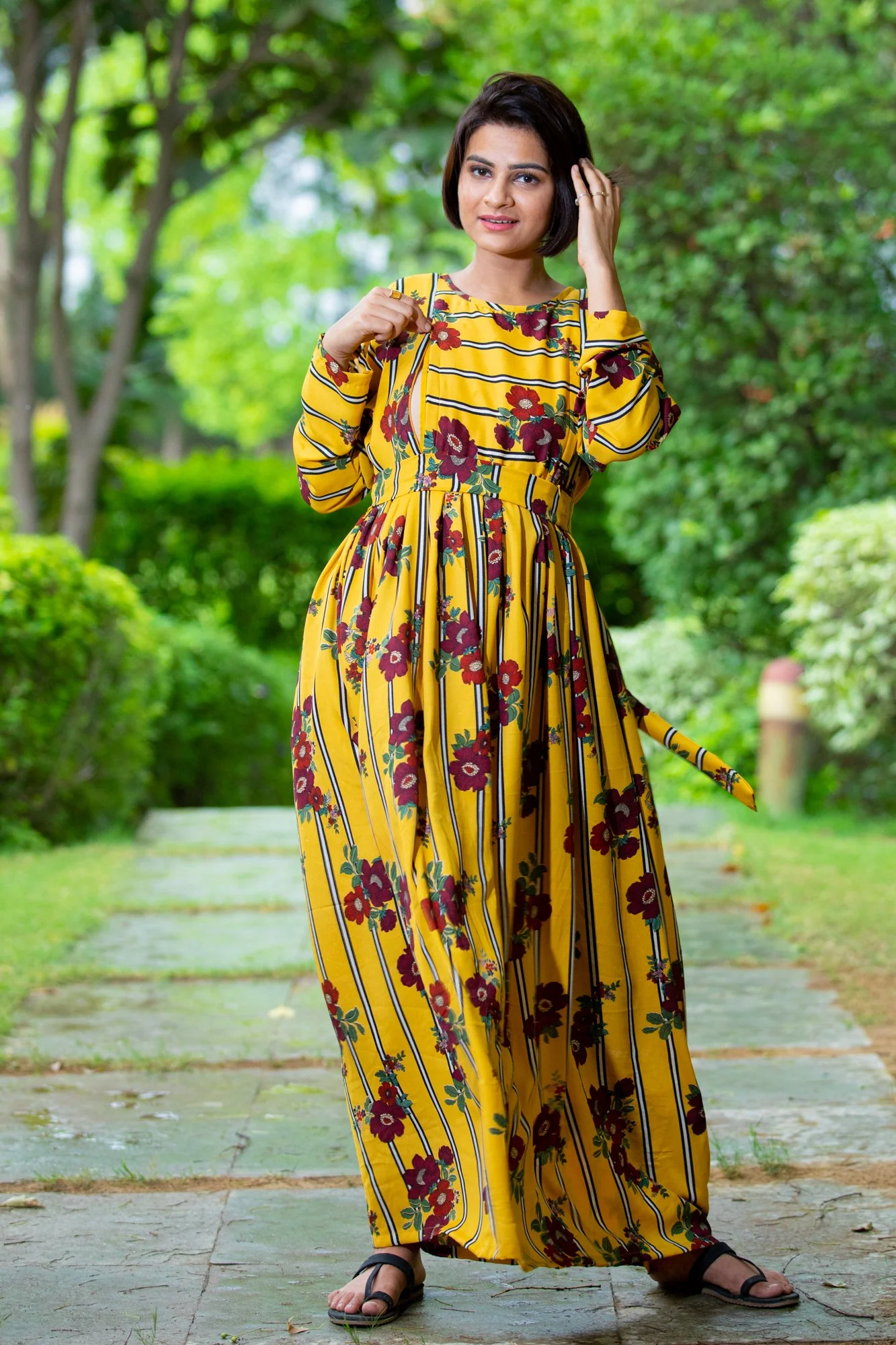 Honey Floral Striped Maternity & Nursing Dress - Chenance