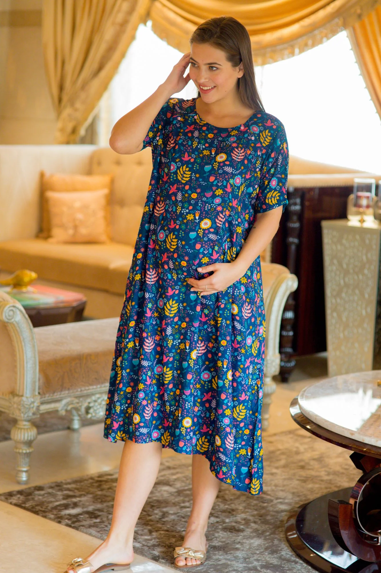 Midnight Blue Shoulder Snap Maternity & Nursing Dress / Delivery Gown/ Night Dress - Chenance