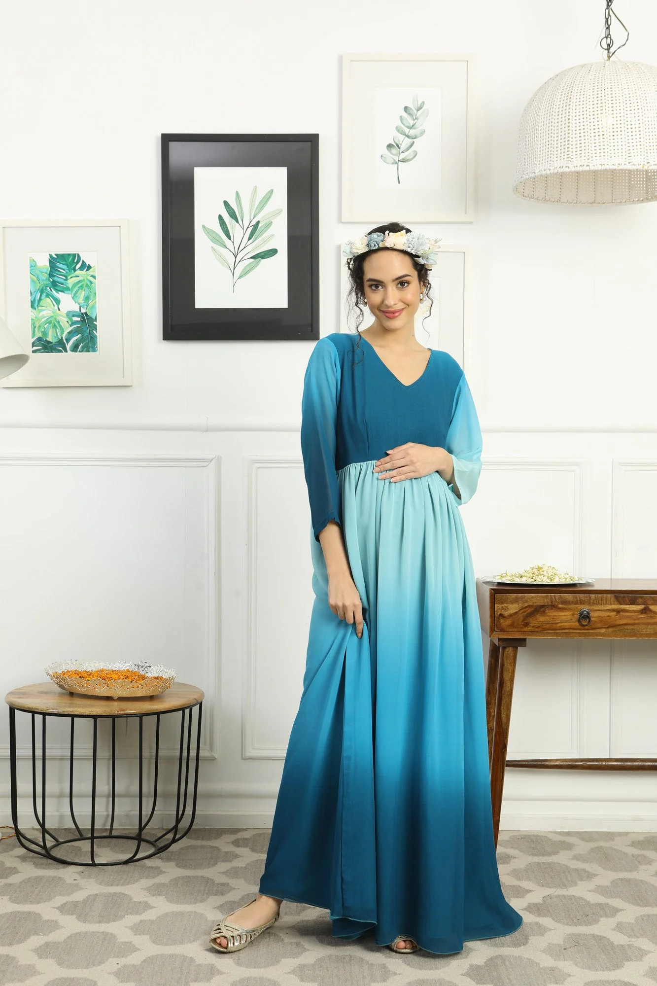Paradise Blue Monochromatic Maternity Flow Maxi Dress - Chenance