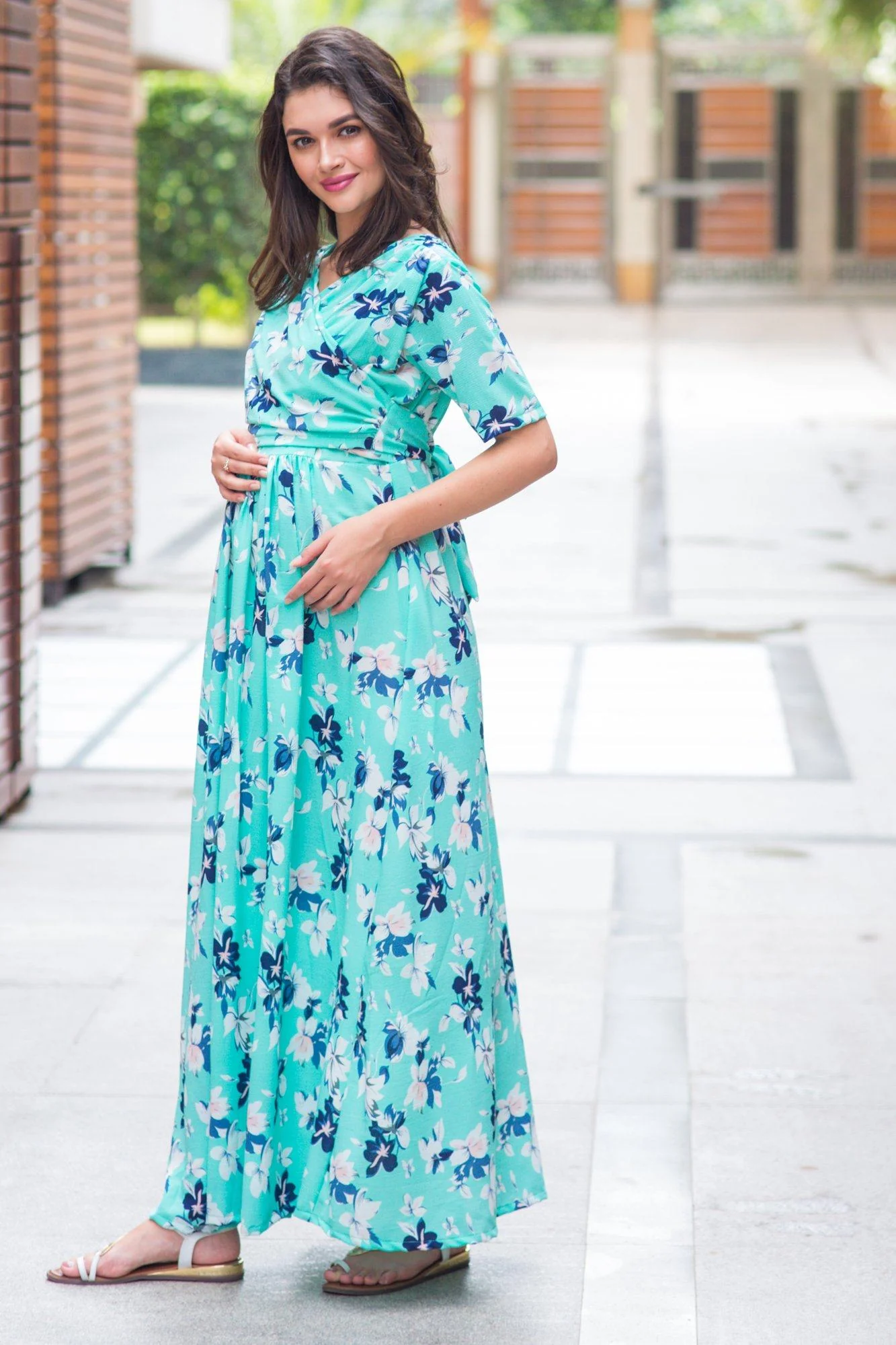 Mint Aquamarine Blossom Maternity & Nursing Wrap Dress - Chenance