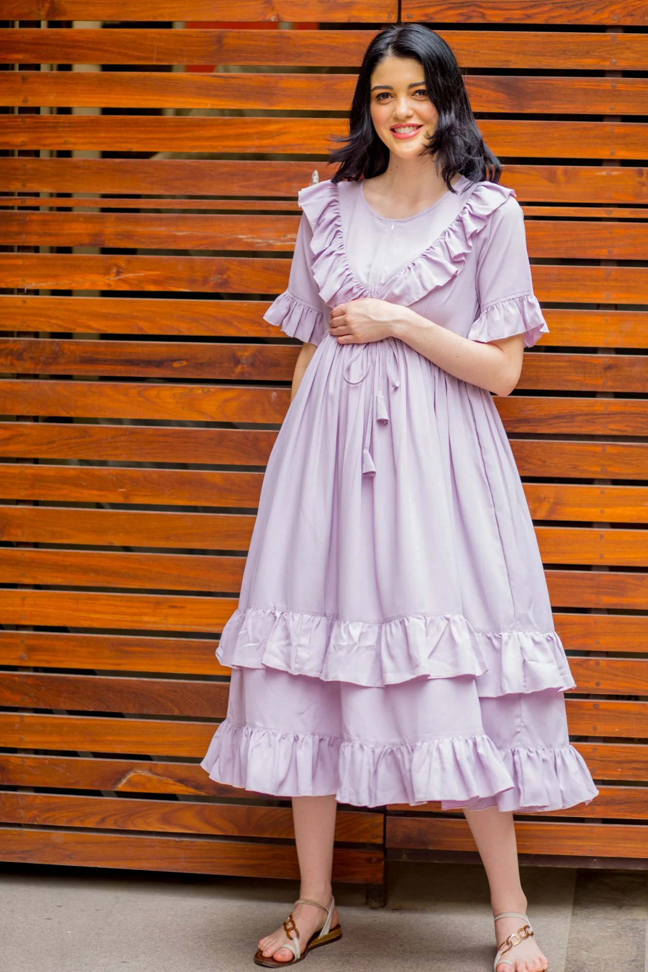 Lavender Front Frill Maternity & Nursing Midi Dress - Chenance